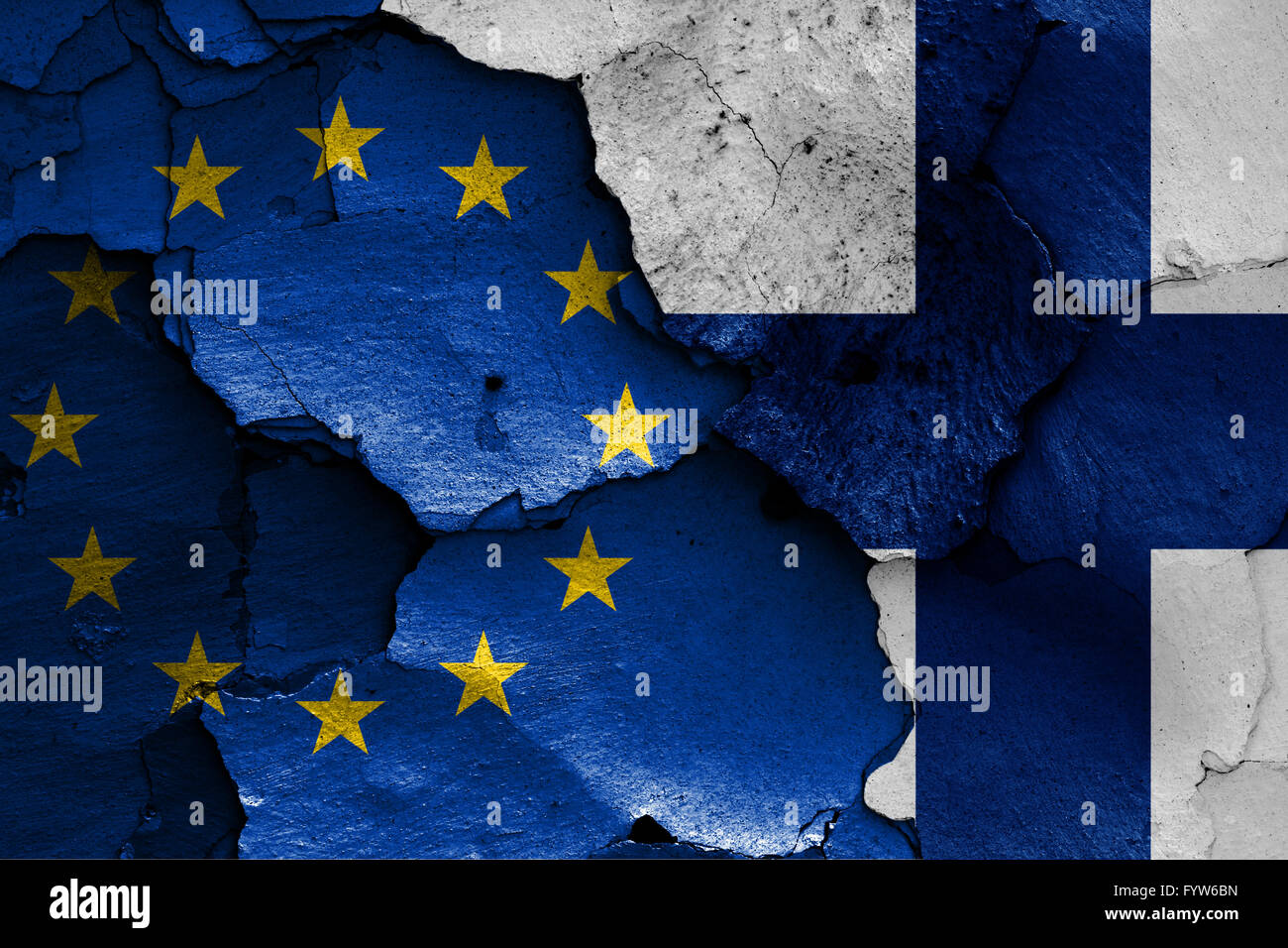flags of EU and Finland painted on cracked wall Stock Photo - Alamy