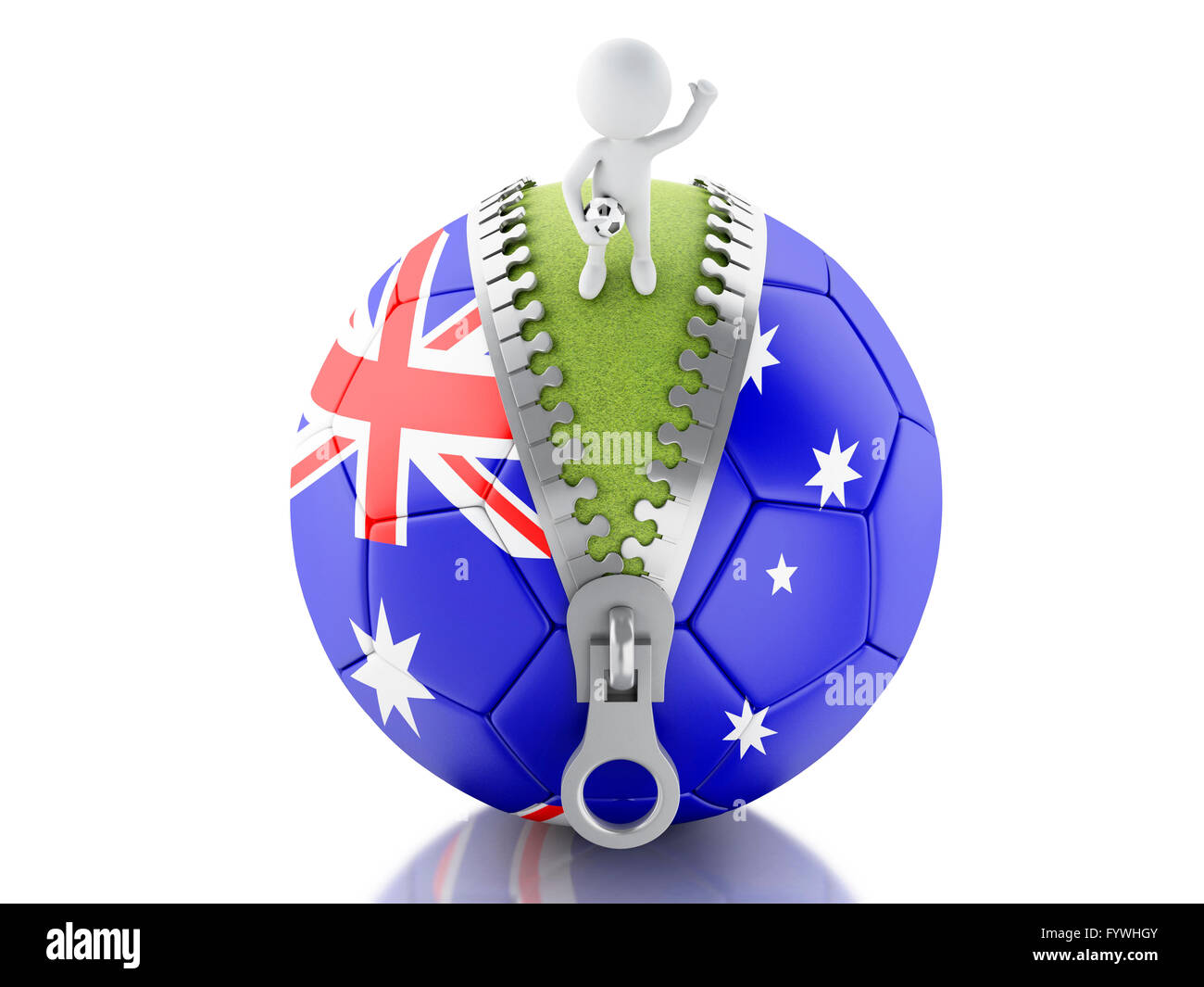 3d renderer image. 3d white people on top of soccer ball with Australian flag. Sport concept. Isolated white background. Stock Photo