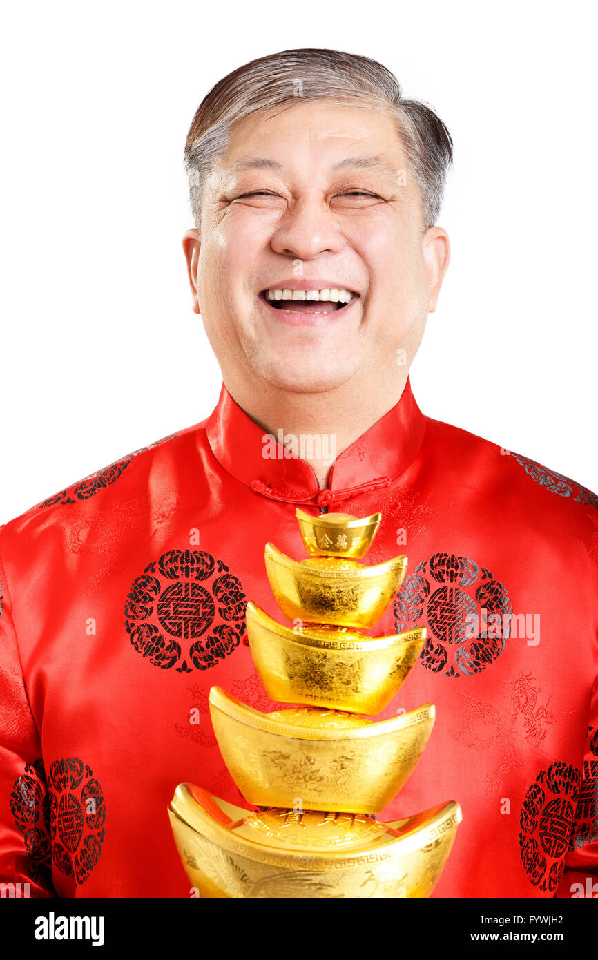 old man with mandarin in chinese new year Stock Photo