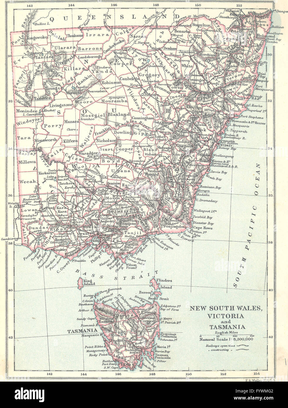 AUSTRALIA: NSW, Victoria & Tasmania, 1890 antique map Stock Photo