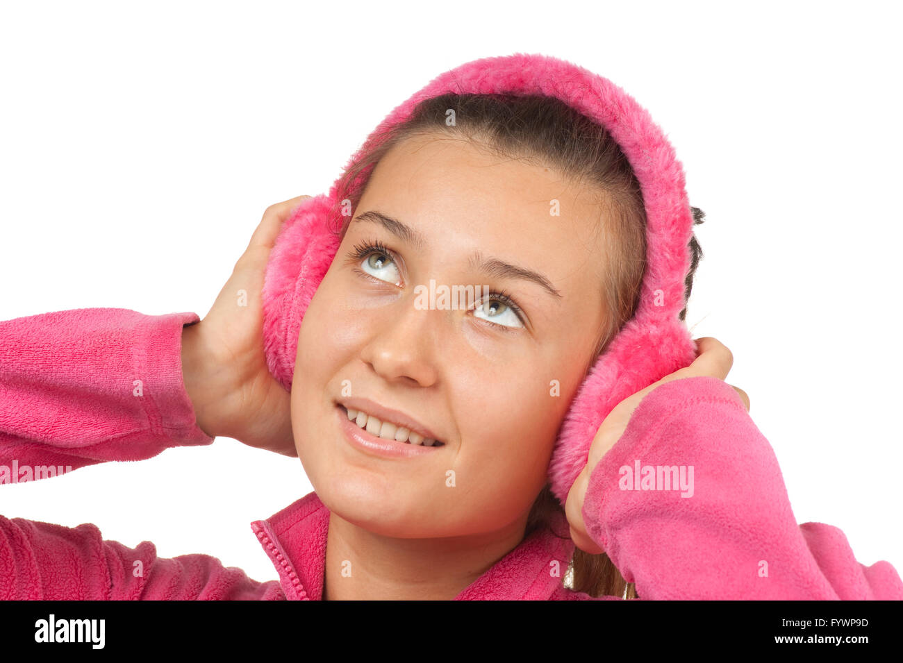 happy girl teen in pink headphones Stock Photo Alamy