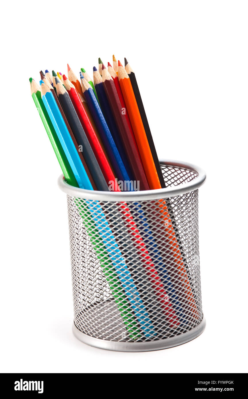 colored pencils in basket Stock Photo