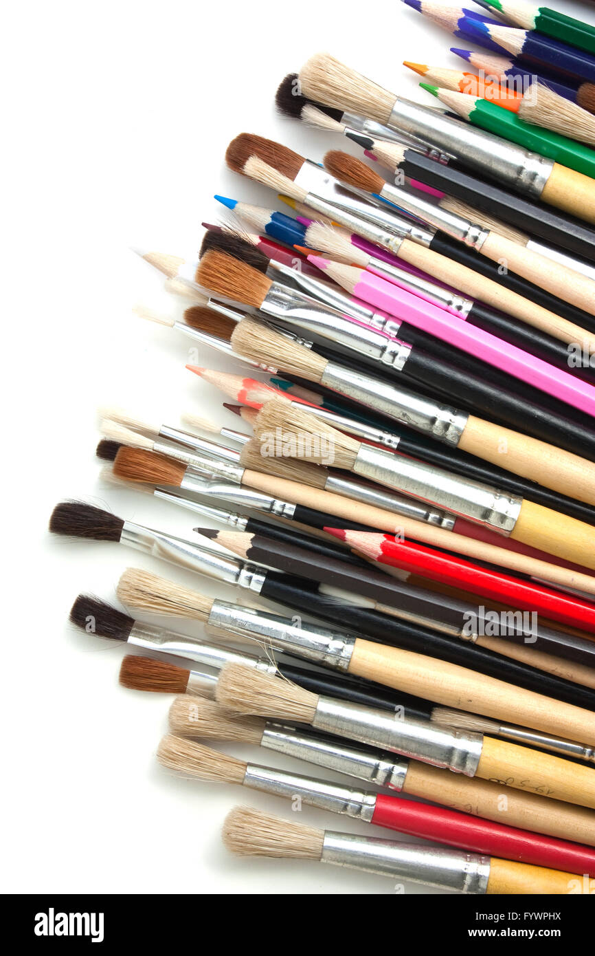 colored pencils and brushes Stock Photo Alamy