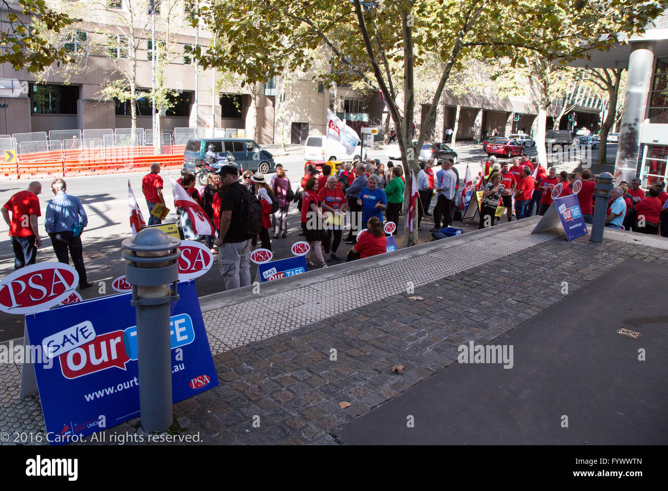 Sydney, Australia. 28 April 2016. Staff in TAFE colleges across the state who are members of the Public Service Association (PSA) are stopping work for three hours on the afternoon of Thursday 28 April to protest against proposed cuts to working conditions. Pictured is the main rally at Ultimo College of TAFE, Sydney (Harris Street entrance). Credit: Richard Milnes/Alamy Live News. Stock Photo