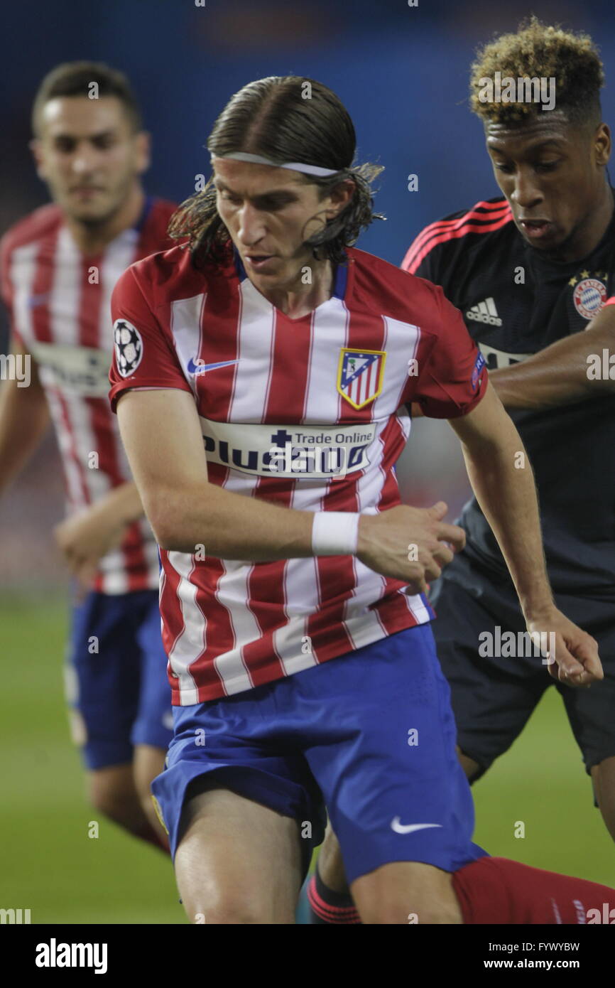 Madrid, Spain. 27th April, 2016.Luis Felipe of Atlético Madrid in action  during the semifinal match of the UEFA Champions League first leg between Atletico  Madrid and the Bayen Munich at the Vicente