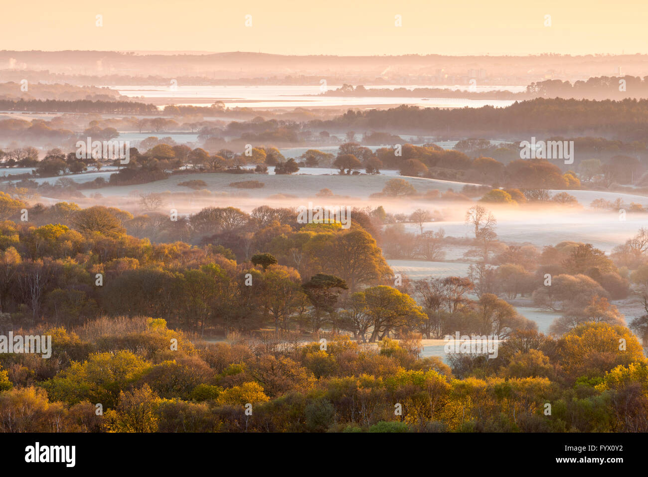 Stoborough Heath, Dorset, UK - 28th April 2016 - UK Weather - View from West Hill at Corfe Castle in Dorset across Stoborough Heath in Purbeck looking towards Poole - Picture: Graham Hunt/Alamy Live News Stock Photo