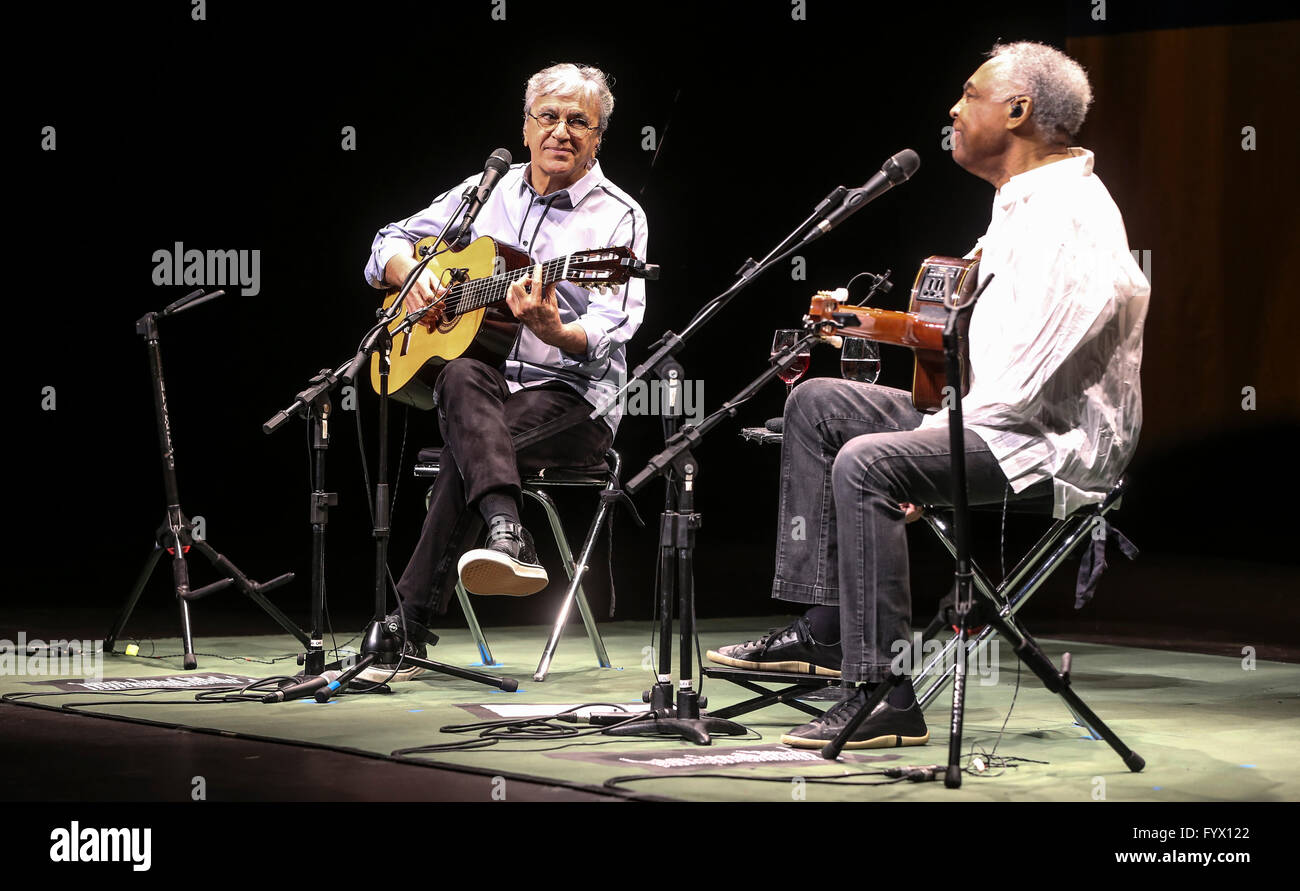 Lisbon, Portugal. 27th April, 2016. Caetano Veloso and Gilberto Gil during a concert tonight at Lisbon Coliseum in Lisbon. The two musicians today made the first of two concerts in Lisbon the tour 'Two Friends, A Century of Music' which is the testimony of a historic meeting between two old friends and celebration of 50th Anniversary of both career. Credit:  Atlantico Press/Alamy Live News Stock Photo