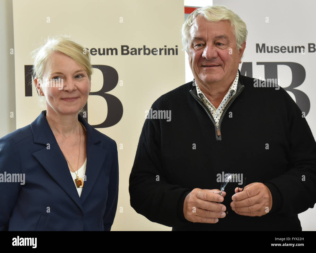 Art patron Hasso Plattner (R) poses next to museum director Ortrud Westheider in the lobby of the future Barberini Museum in Potsdam, Germany, 28 April 2016. Plattner and Westheider prestend the concept of the first exhibitions to be held in the museum scheduled to open in January 2017. Photo: BERND SETTNIK/dpa Stock Photo