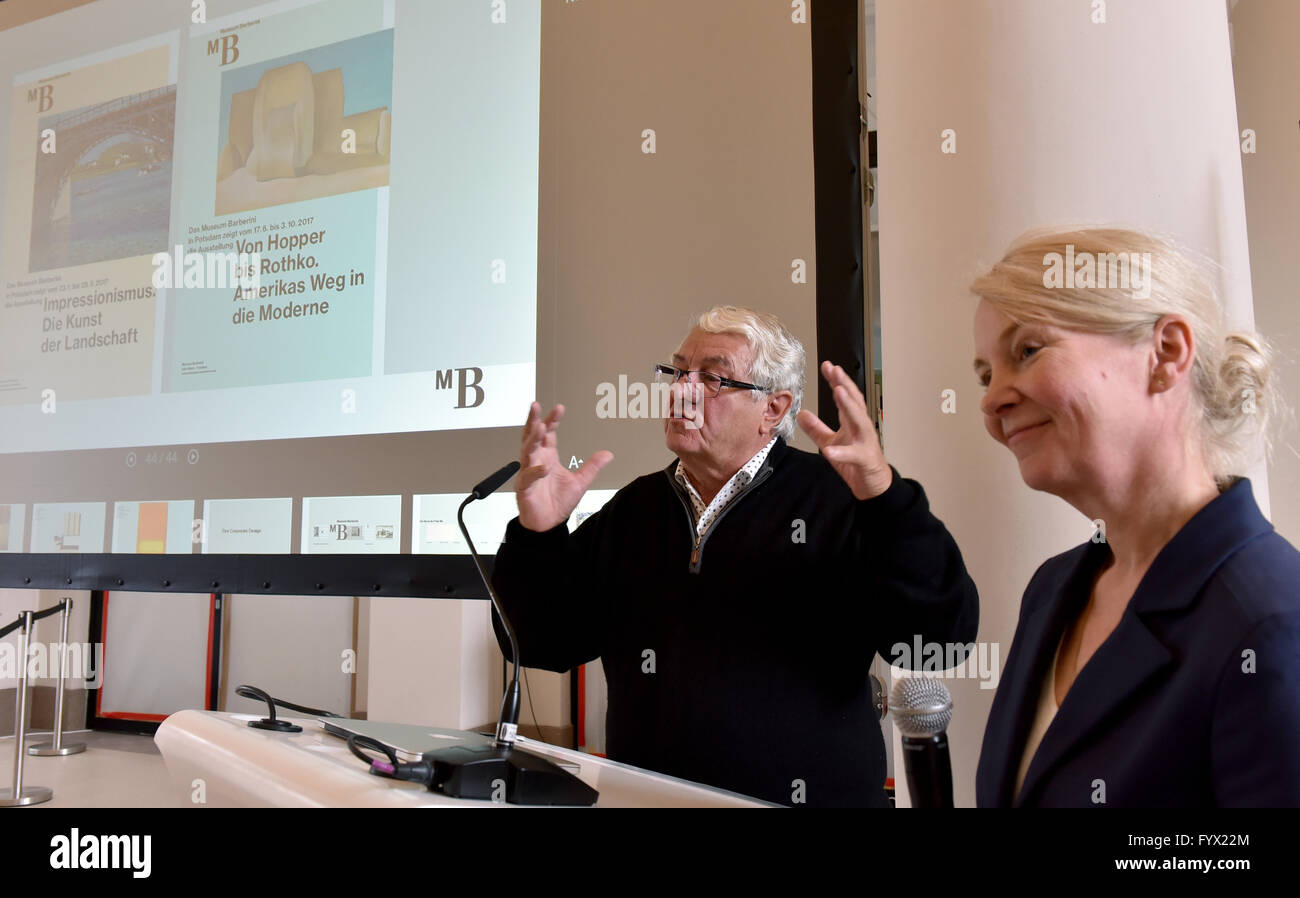 Art patron Hasso Plattner (L) and museum director Ortrud Westheider present the concept of the first exhibitions to be held in the Barberini Museum scheduled to open in January 2017, in the lobby of the future museum in Potsdam, Germany, 28 April 2016. Photo: BERND SETTNIK/dpa Stock Photo