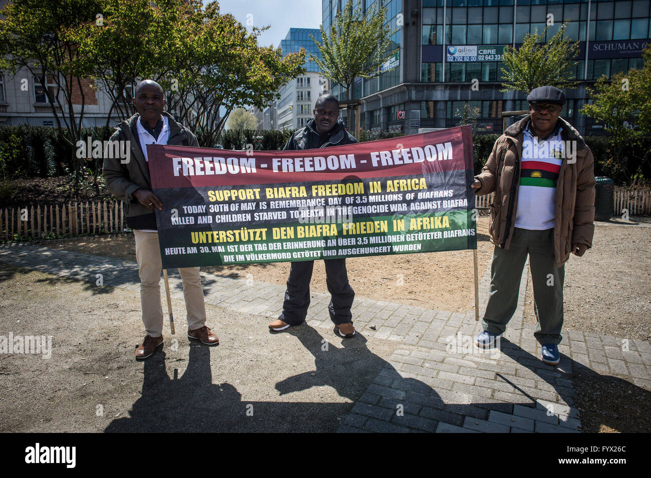 Brussels, Bxl, Belgium. 28th Apr, 2016. Biafrans hold the protest at the European Union quarter in Brussels, Belgium on 28.04.2016 Protestors demand independence for Biafra which is the part of Nigeria. Biafra was an independent country from 1967 to 1970. Now there is strong secessionist movement. by Wiktor Dabkowski © Wiktor Dabkowski/ZUMA Wire/Alamy Live News Stock Photo