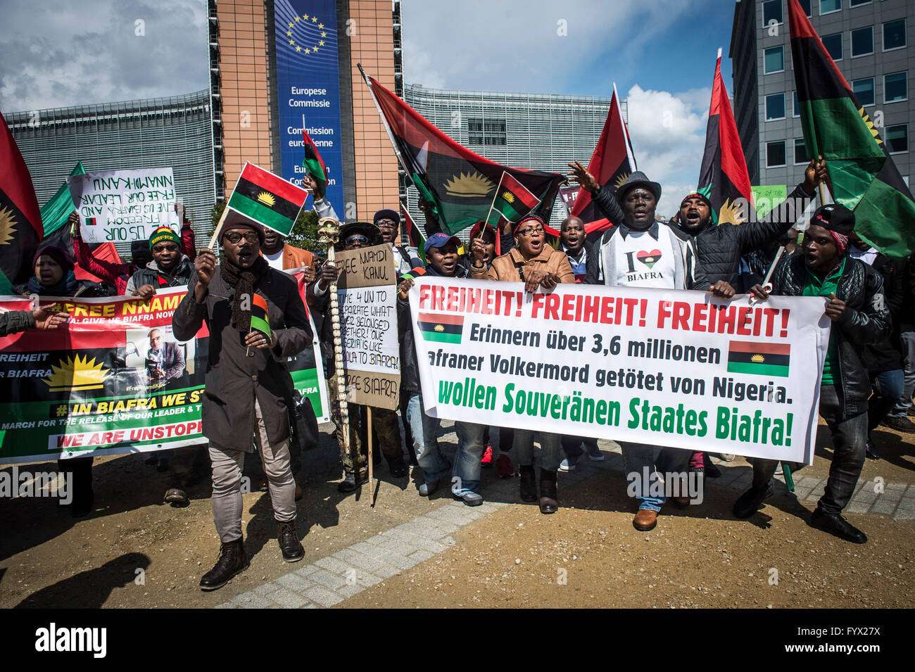 Biafrans hold the protest at the European Union quarter in Brussels, Belgium on 28.04.2016 Protestors demand independence for Biafra which is the part of Nigeria. Biafra was an independent country from 1967 to 1970. Now there is strong secessionist movement. by Wiktor Dabkowski Stock Photo