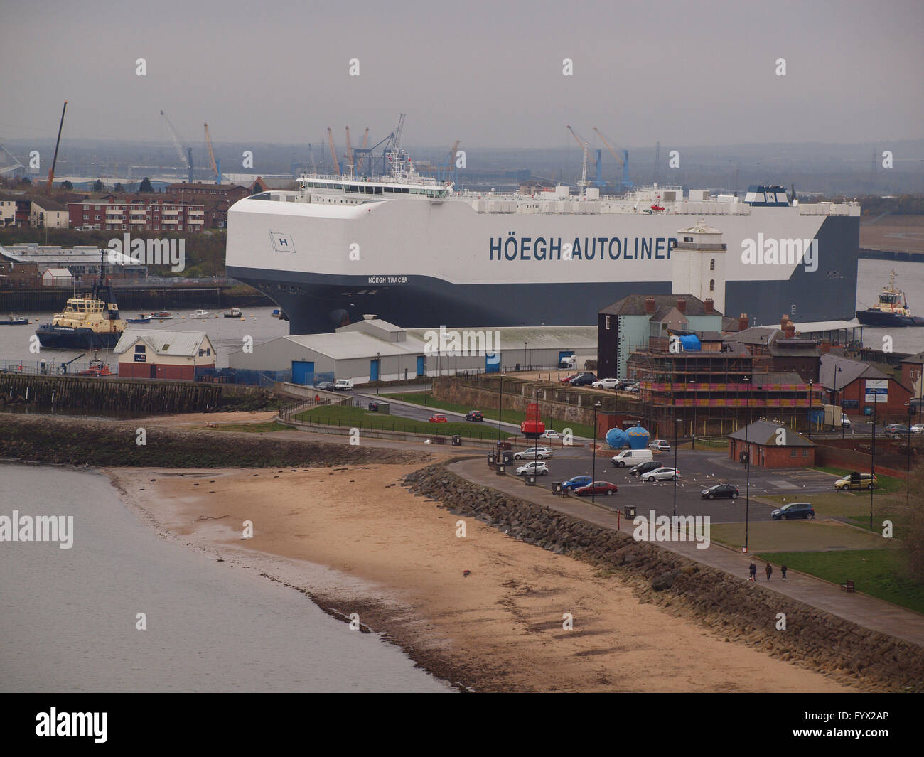 Newcastle Upon Tyne, 28th April 2016, UK Weather. The 76420ton autoliner ''Hoegh Tracer''  sails into the North Sea from the Nissan car terminal at the Port of Tyne on a showery day. Hoegh Tracer is a brand new ship and is the third in a series of six post panamax vessels under the new horizon design, the first two ships been Hoegh Target and Trigger. The vessel has a car and truck carrying capacity of 8.500 vehicles and the hull has been optimized under the new horizon design for larger cargo's and lower fuel consumption as well as added wind resistance in heavy seas. Stock Photo