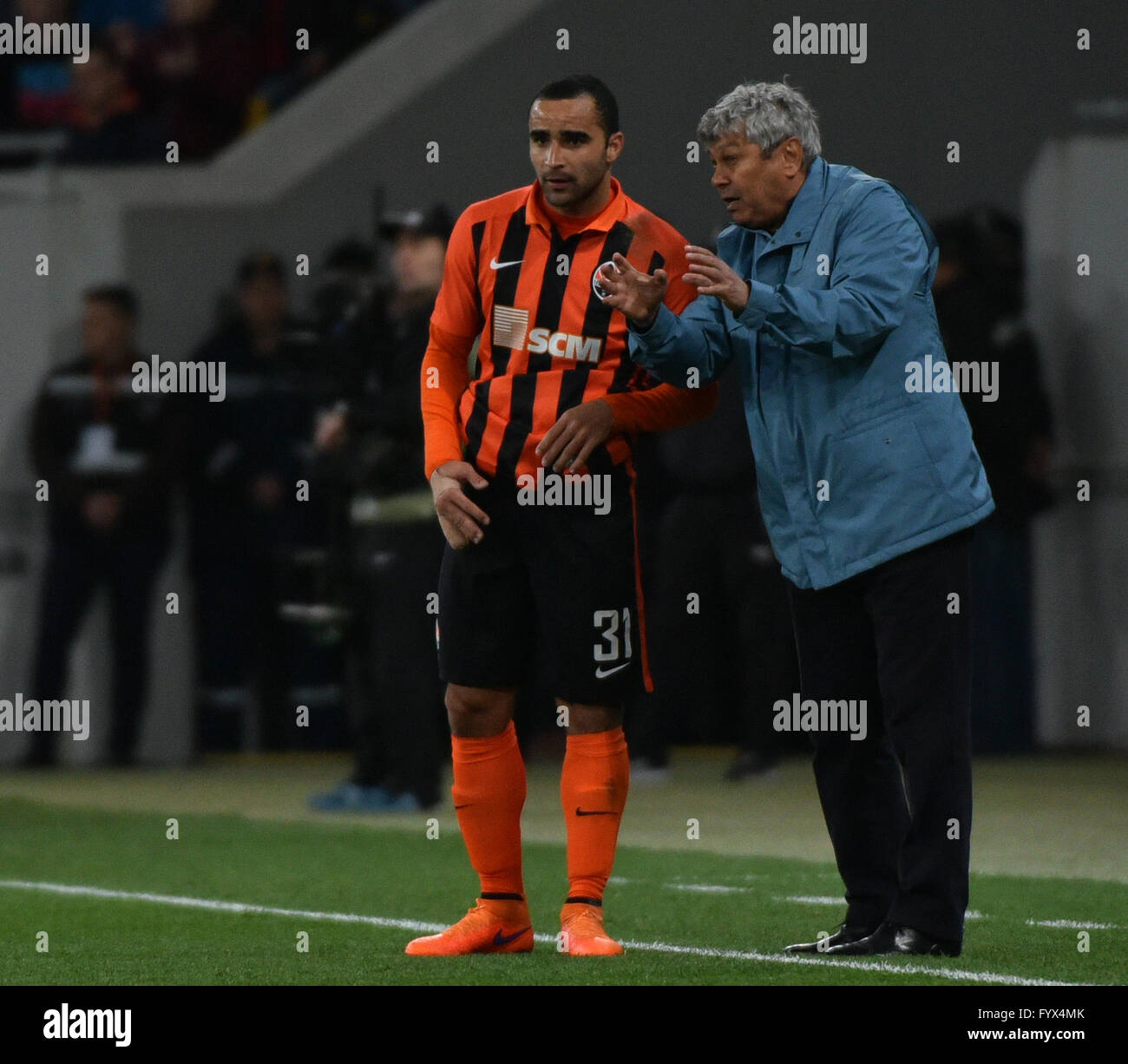 Lviv, Ukraine. 28th April, 2016. Shakhtar's head coach Mircea Lucescu reacts during UEFA Europa League semi final, first leg soccer match between Shakhtar Donetsk and Sevilla  at the Arena Lviv stadium on 28 April 2016. Credit:  Mykola Tys/Alamy Live News Stock Photo