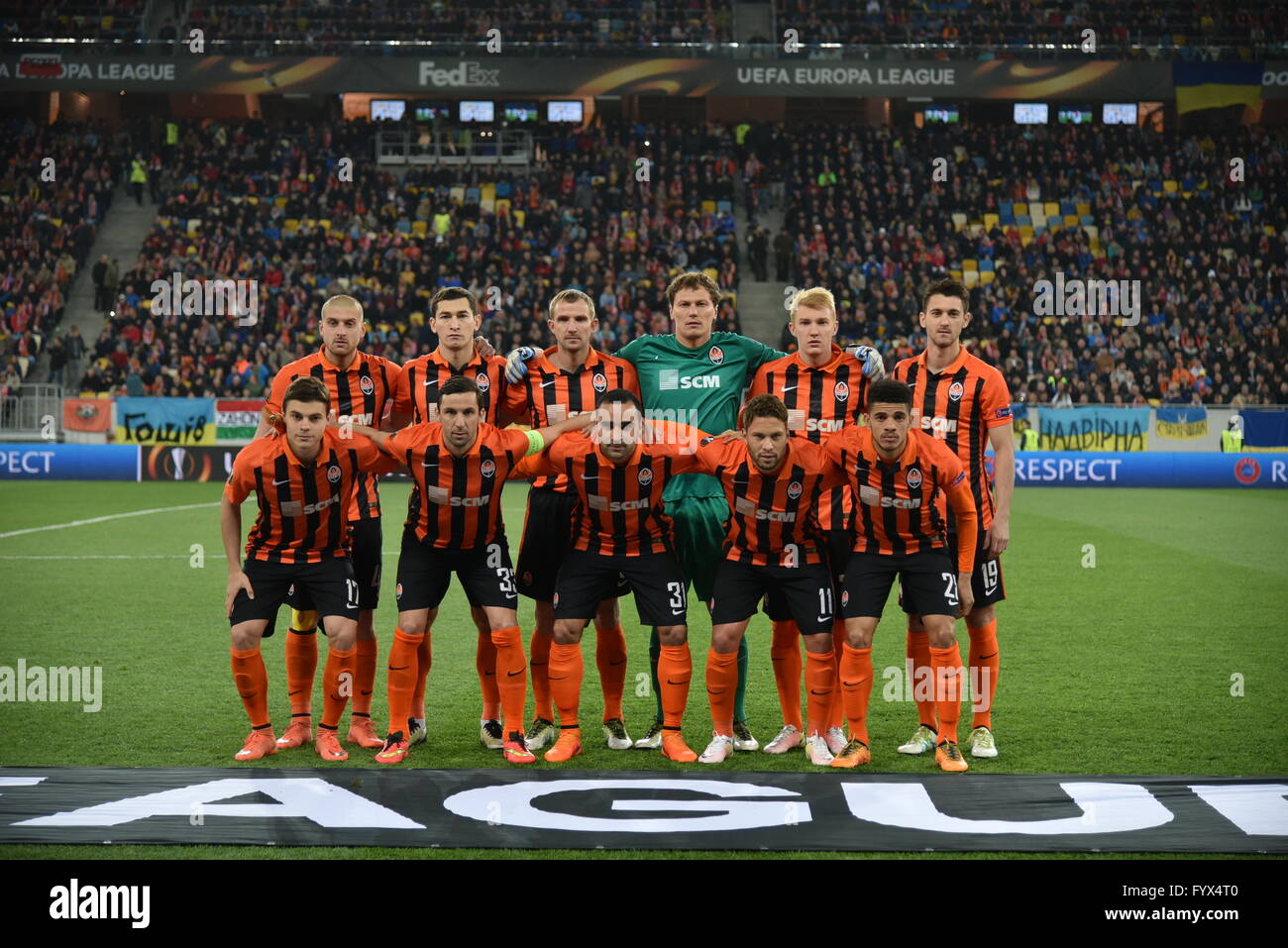 Lviv, Ukraine. 28th April, 2016. Shakhtar players pose for a photo before the UEFA Europa League semi final, first leg soccer match between Shakhtar Donetsk and Sevilla at the Arena Lviv stadium on 28 April 2016. Credit:  Mykola Tys/Alamy Live News Stock Photo