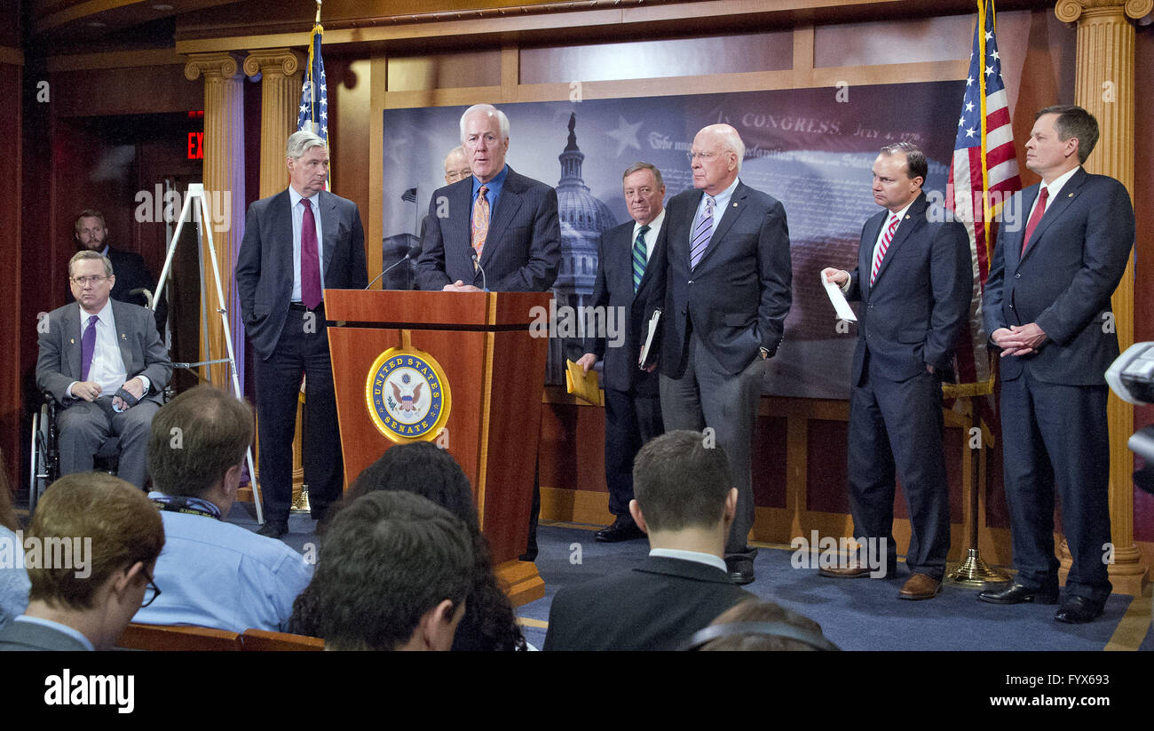 April 28, 2016 - Washington, District of Columbia, United States of America - United States Senator John Cornyn (Republican of Texas) makes remarks at a press conference calling on the US Senate Republican leadership to bring to the floor the bipartisan Sentencing Reform and Corrections Act, a bill to reduce some mandatory minimum sentences and apply those changes retroactively to inmates currently serving unfair sentences. From left to right: US Senators Mark Kirk (Republican of Illinois), Sheldon Whitehouse (Democrat of Rhode Island), Chuck Grassley (Republican of Iowa), partially obscured, Stock Photo