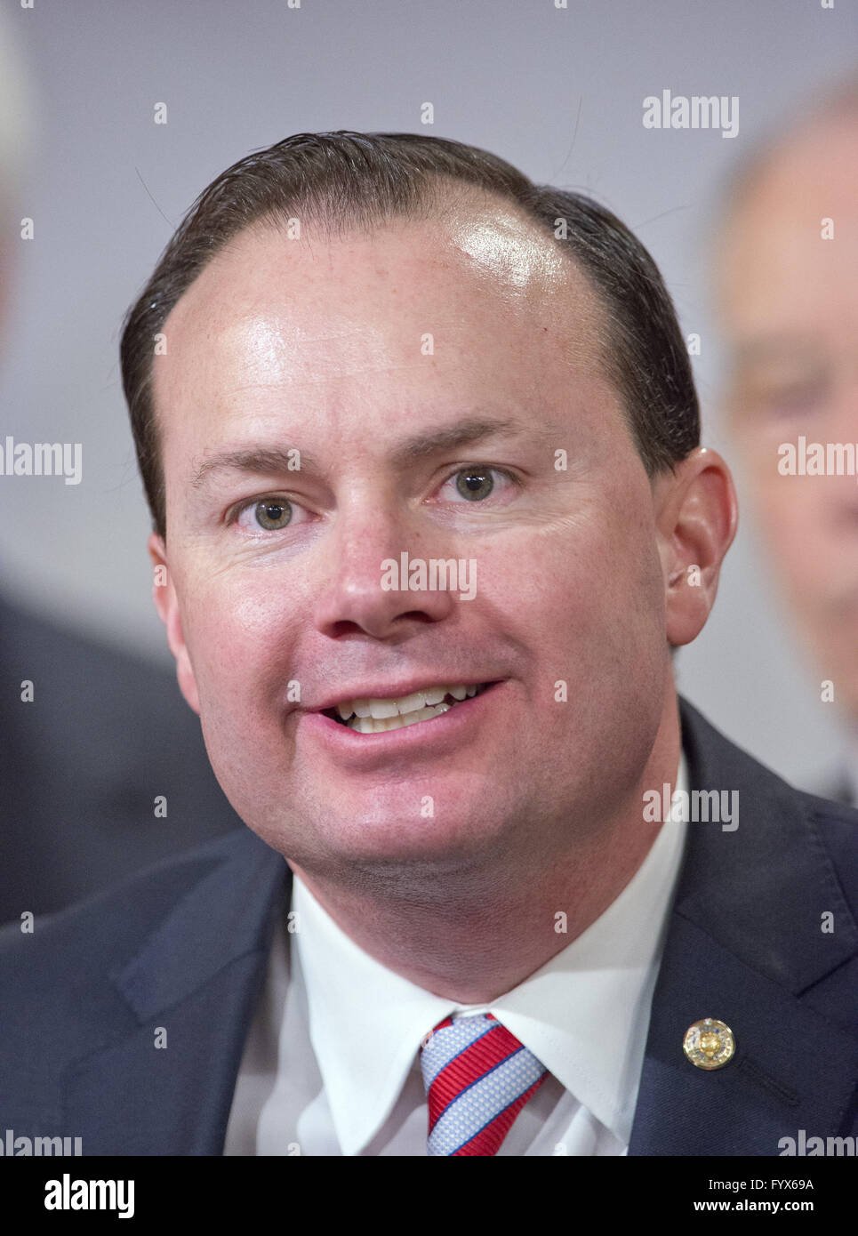 Washington, District of Columbia, USA. 28th Apr, 2016. United States Senator Mike Lee (Republican of Utah) makes remarks during a press conference calling on the US Senate Republican leadership to bring to the floor the bipartisan Sentencing Reform and Corrections Act, a bill to reduce some mandatory minimum sentences and apply those changes retroactively to inmates currently serving unfair sentences.Credit: Ron Sachs/CNP Credit:  Ron Sachs/CNP/ZUMA Wire/Alamy Live News Stock Photo