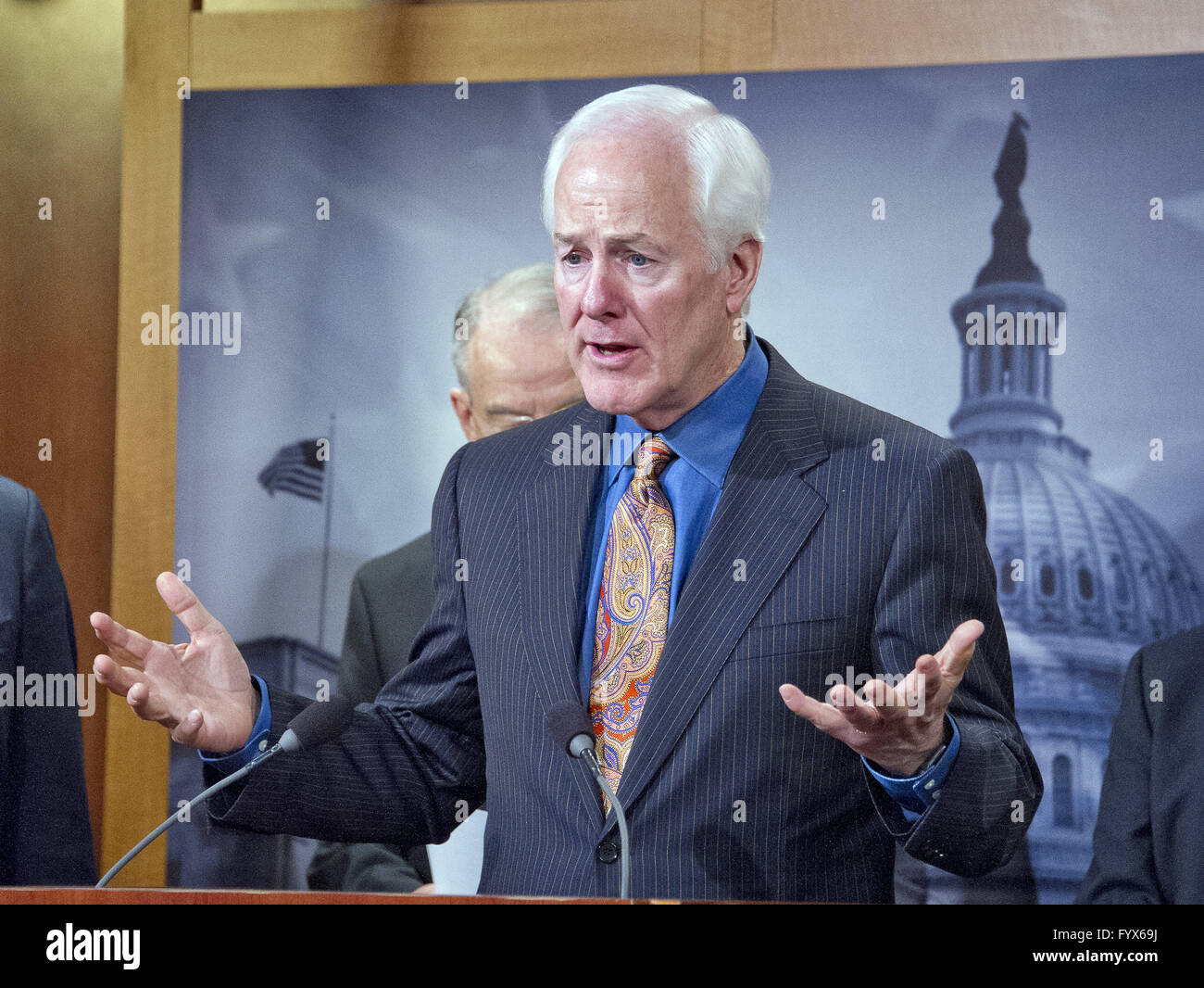 Washington, District of Columbia, USA. 28th Apr, 2016. United States Senator John Cornyn (Republican of Texas) makes remarks at a press conference calling on the US Senate Republican leadership to bring to the floor the bipartisan Sentencing Reform and Corrections Act, a bill to reduce some mandatory minimum sentences and apply those changes retroactively to inmates currently serving unfair sentences. Credit: Ron Sachs/CNP Credit:  Ron Sachs/CNP/ZUMA Wire/Alamy Live News Stock Photo