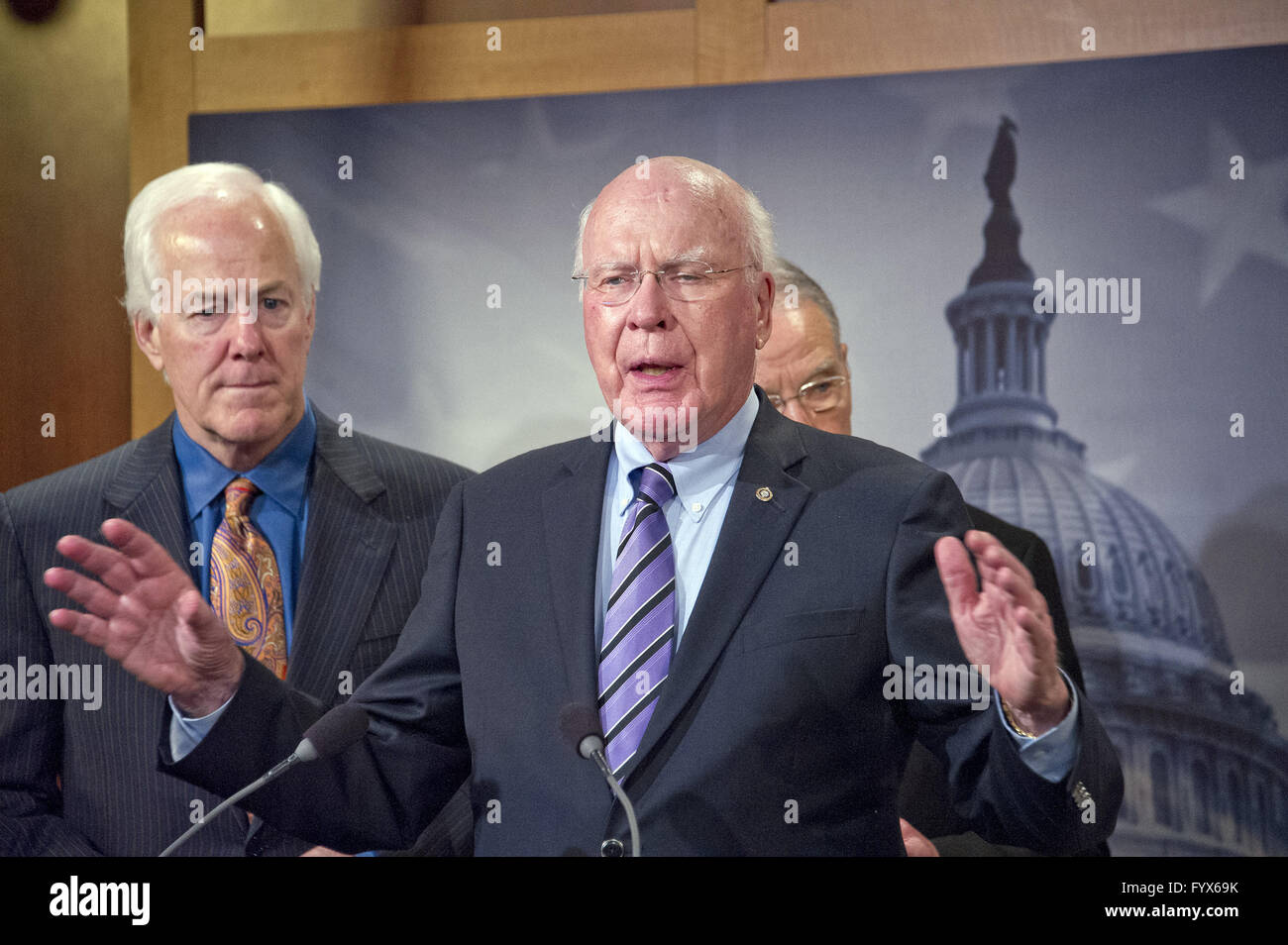 April 28, 2016 - Washington, District of Columbia, United States of America - United States Senator Patrick Leahy (Democrat of Vermont), Ranking Member, US Senate Judiciary Committee, makes remarks during a press conference calling on the US Senate Republican leadership to bring to the floor the bipartisan Sentencing Reform and Corrections Act, a bill to reduce some mandatory minimum sentences and apply those changes retroactively to inmates currently serving unfair sentences. US Senator John Cornyn (Republican of Texas) looks on from left.Credit: Ron Sachs/CNP (Credit Image: © Ron Sachs/C Stock Photo