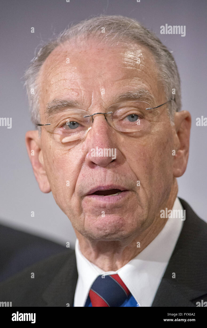 Washington, District of Columbia, USA. 28th Apr, 2016. United States Senator Chuck Grassley (Republican of Iowa), Chairman, US Senate Judiciary Committee, makes remarks during a press conference calling on the US Senate Republican leadership to bring to the floor the bipartisan Sentencing Reform and Corrections Act, a bill to reduce some mandatory minimum sentences and apply those changes retroactively to inmates currently serving unfair sentences.Credit: Ron Sachs/CNP Credit:  Ron Sachs/CNP/ZUMA Wire/Alamy Live News Stock Photo