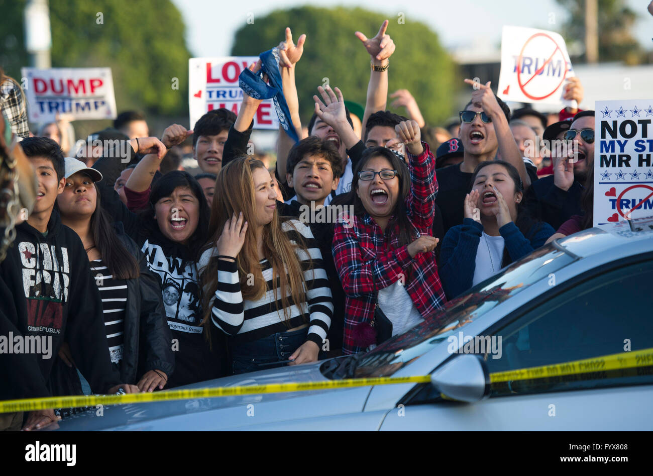 Orange County, California, USA. 28th Apr, 2016. Protesters shout outside a Donald Trump campaign rally in Orange County, southern California, April 28, 2016. Supporters and opponents of the Republican presidential front-runner Donald J. Trump confronted for a few hours on Thursday to express their different opinions. Credit:  Yang Lei/Xinhua/Alamy Live News Stock Photo