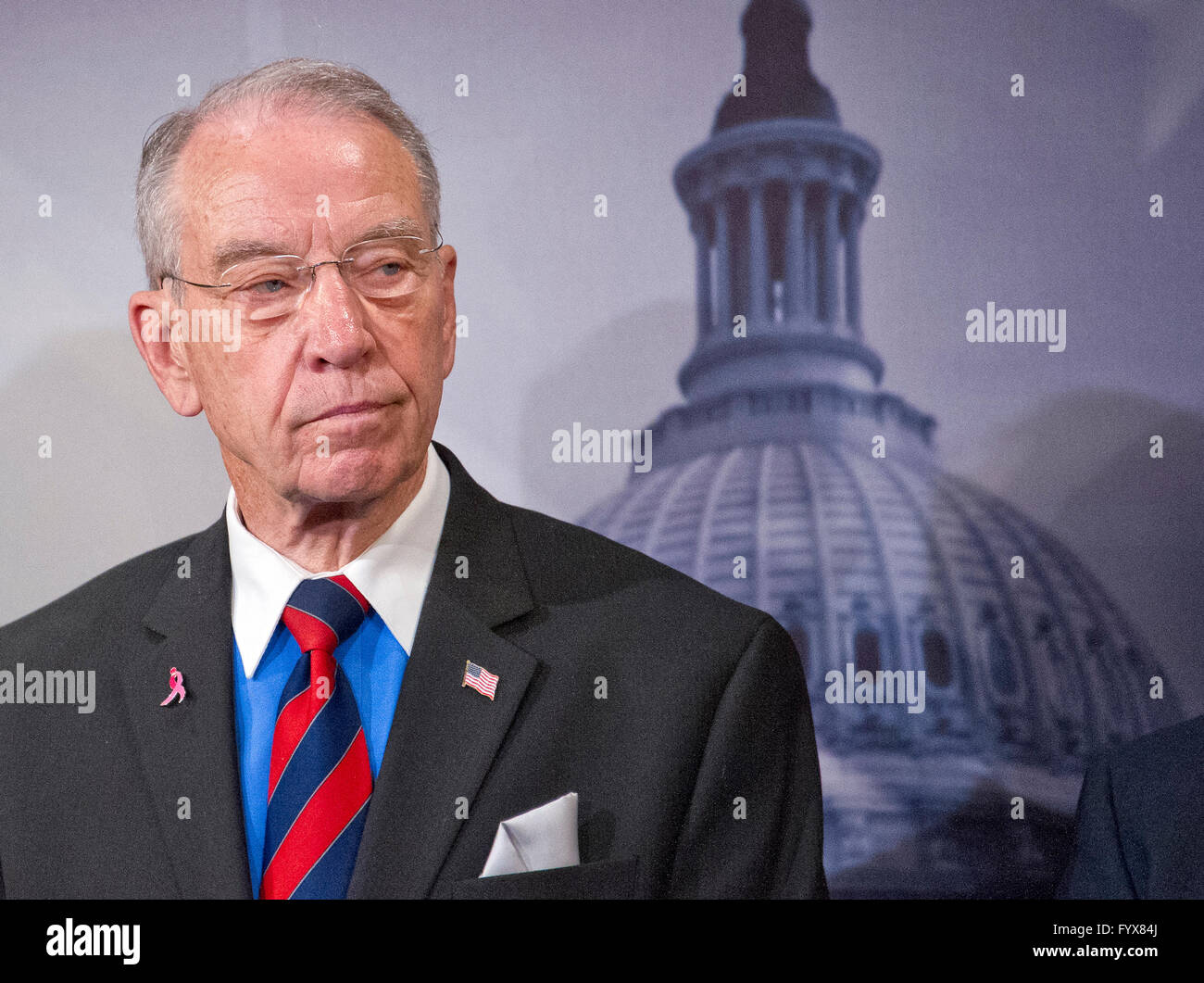 United States Senator Chuck Grassley (Republican of Iowa), Chairman, US Senate Judiciary Committee, makes remarks during a press conference calling on the US Senate Republican leadership to bring to the floor the bipartisan Sentencing Reform and Corrections Act, a bill to reduce some mandatory minimum sentences and apply those changes retroactively to inmates currently serving unfair sentences. Credit: Ron Sachs/CNP - NO WIRE SERVICE - Stock Photo