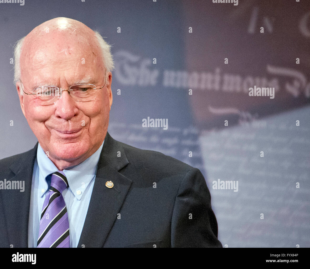 United States Senator Patrick Leahy (Democrat of Vermont), Ranking Member, US Senate Judiciary Committee, makes remarks during a press conference calling on the US Senate Republican leadership to bring to the floor the bipartisan Sentencing Reform and Corrections Act, a bill to reduce some mandatory minimum sentences and apply those changes retroactively to inmates currently serving unfair sentences. Credit: Ron Sachs/CNP - NO WIRE SERVICE - Stock Photo