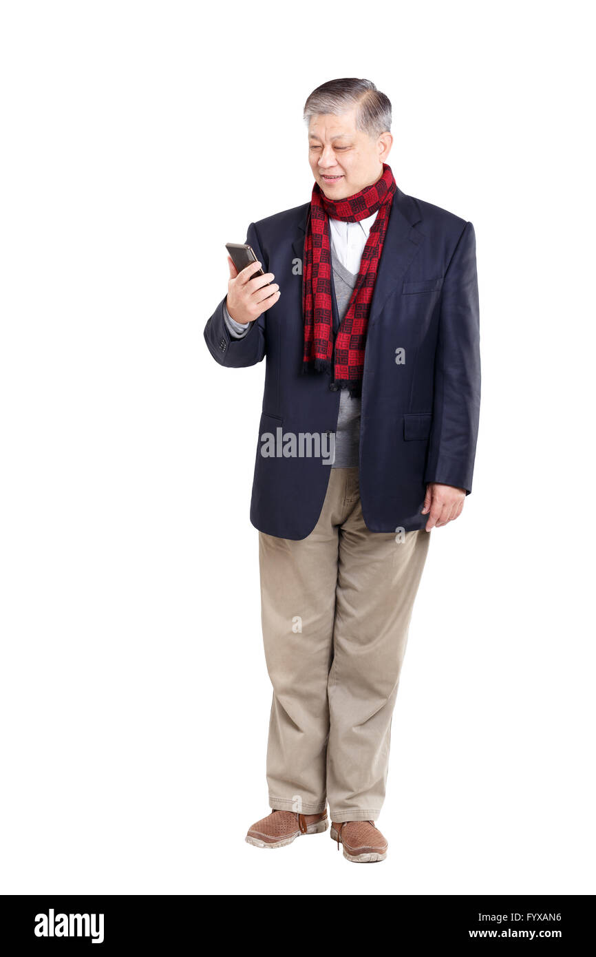 isolated standing old asian man with blue suit and red scarf Stock Photo -  Alamy