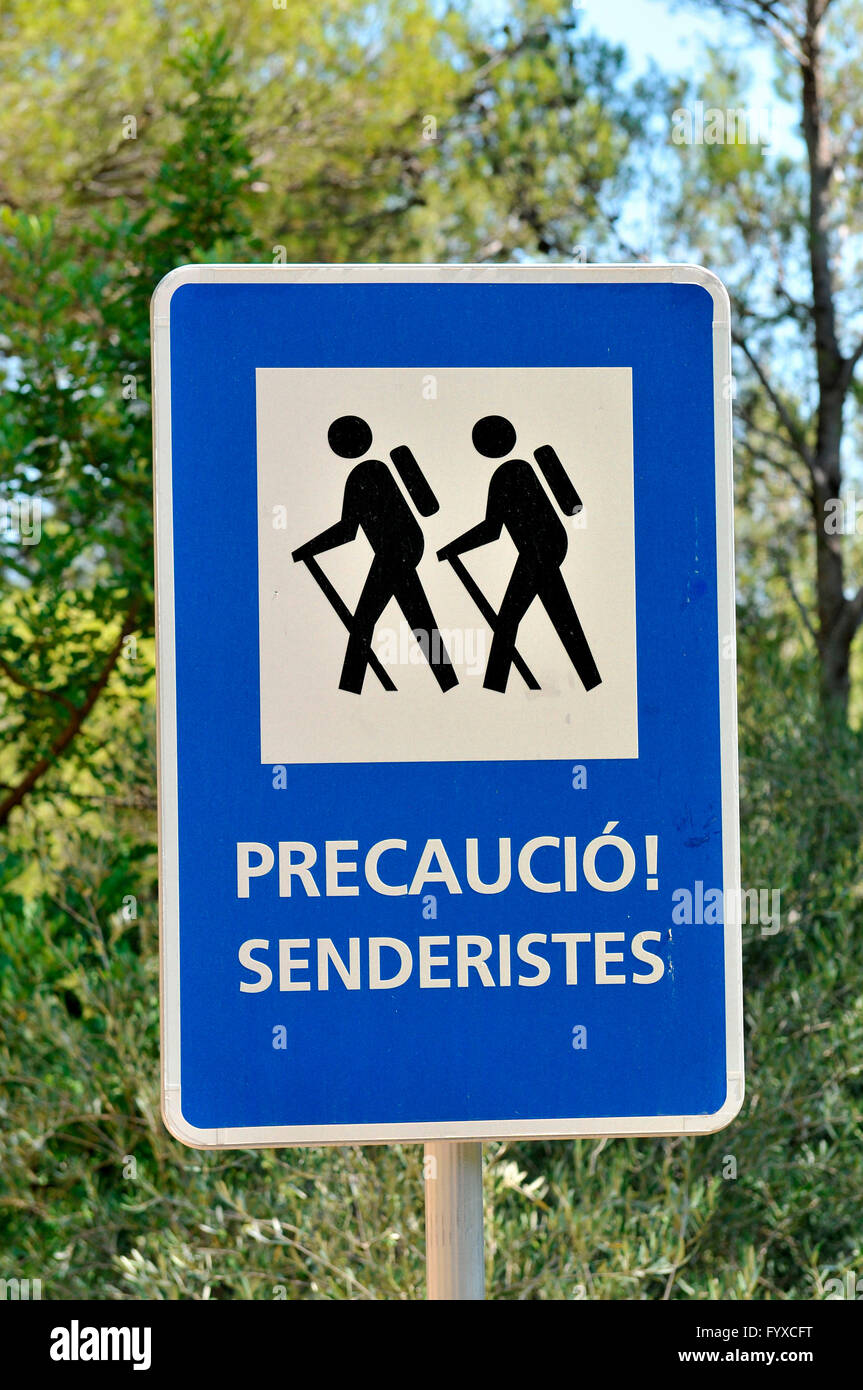 Signs, take care, hiker, Mallorca, Spain Stock Photo