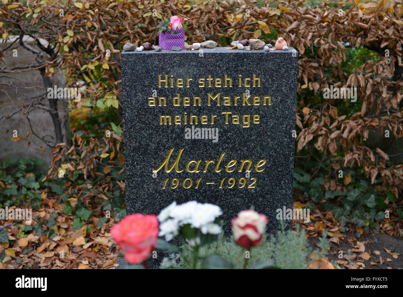 Tombstone, grave of Marlene Dietrich, Stadtischer Friedhof III, Stubenrauchstrasse, Tempelhof-Schoneberg, Friedenau, Berlin, Germany / Städtischer Friedhof III, Tempelhof-Schöneberg Stock Photo