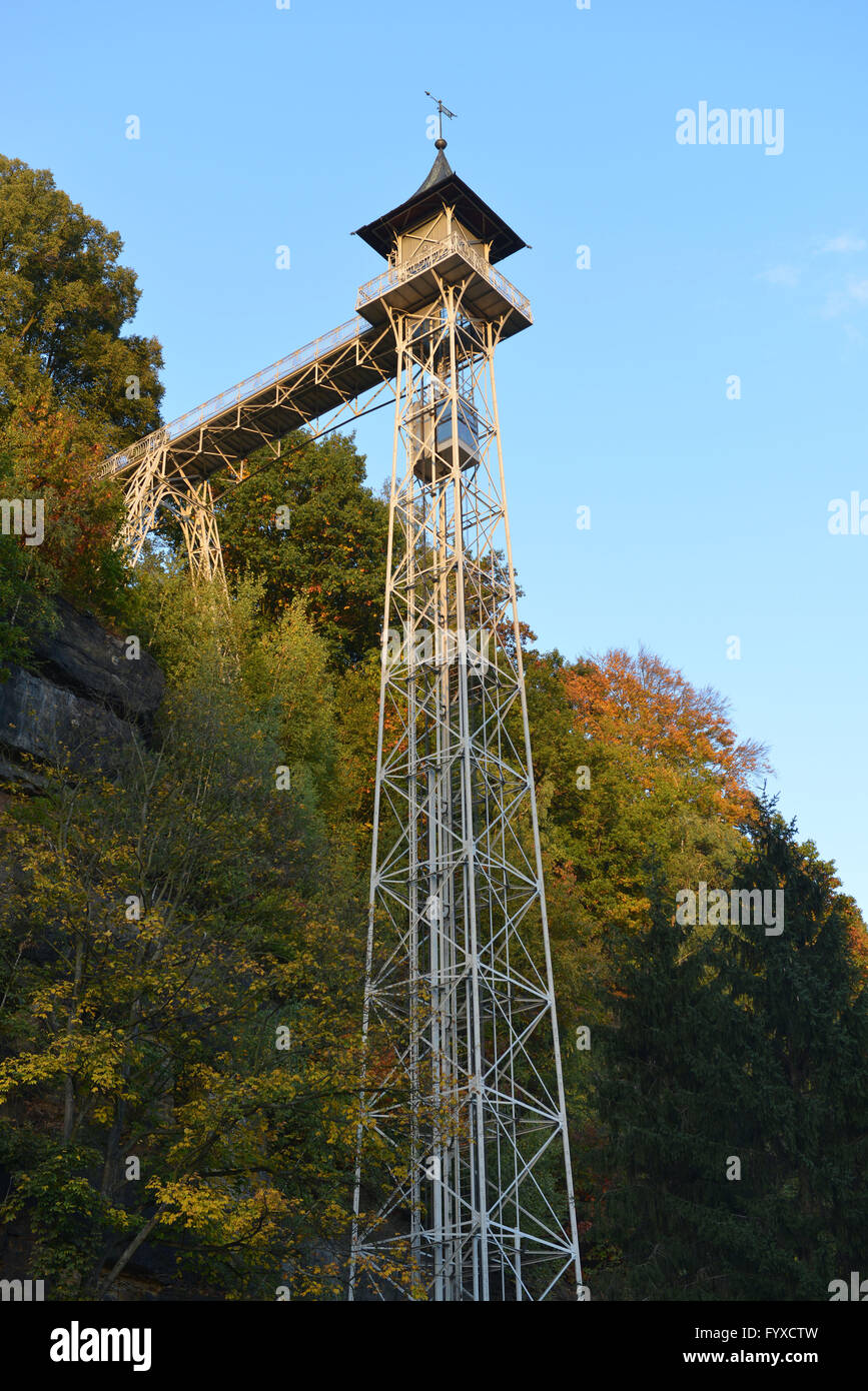 Elevator, steel tower, Bad Schandau, Saxony, Germany / free-standing electrical passenger elevator, technical memorial, by Rudolf Sendig Stock Photo