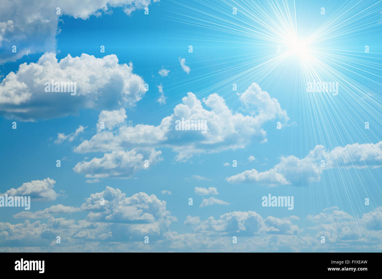 bright sun on blue sky clouds backrounds Stock Photo