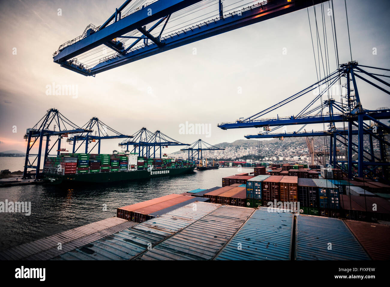 Container ships at berthed at a container terminal in Athens, Greece. Stock Photo