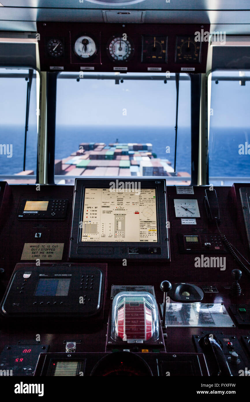 Looking out from the navigation deck of a container ship