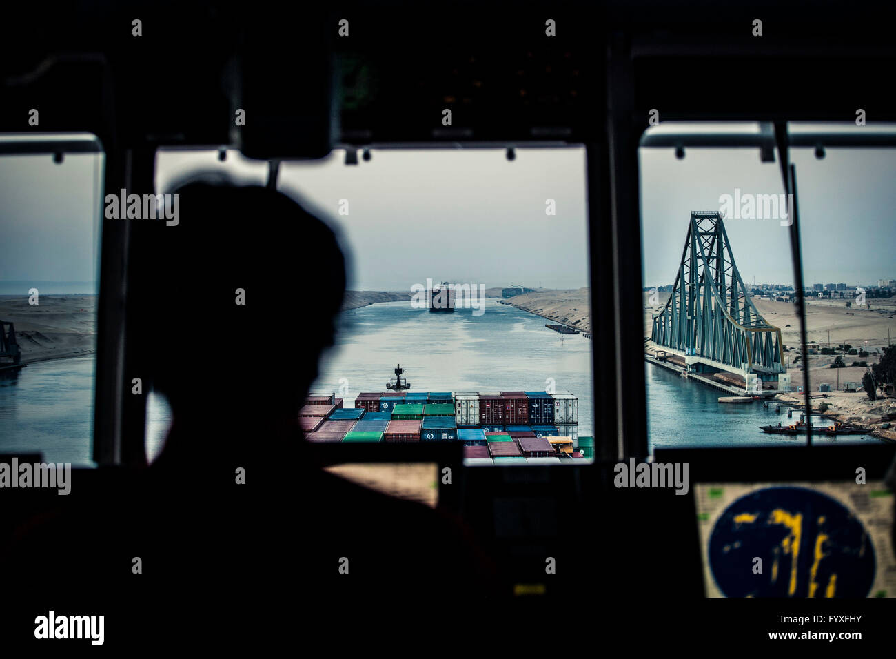 First Officer of a container ship helping guide the vessel through the Suez Canal Stock Photo