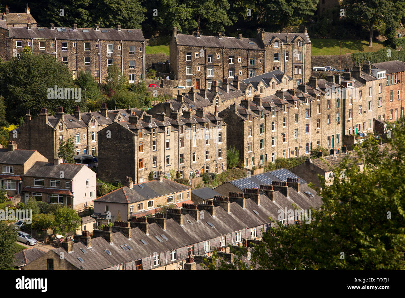 UK, England, Yorkshire, Calderdale, Hebden Bridge, five storey, flying freehold ‘upstairs downstairs’ houses Stock Photo