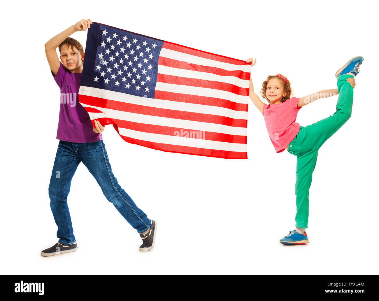 Funny smiling kids waving American flag Stock Photo