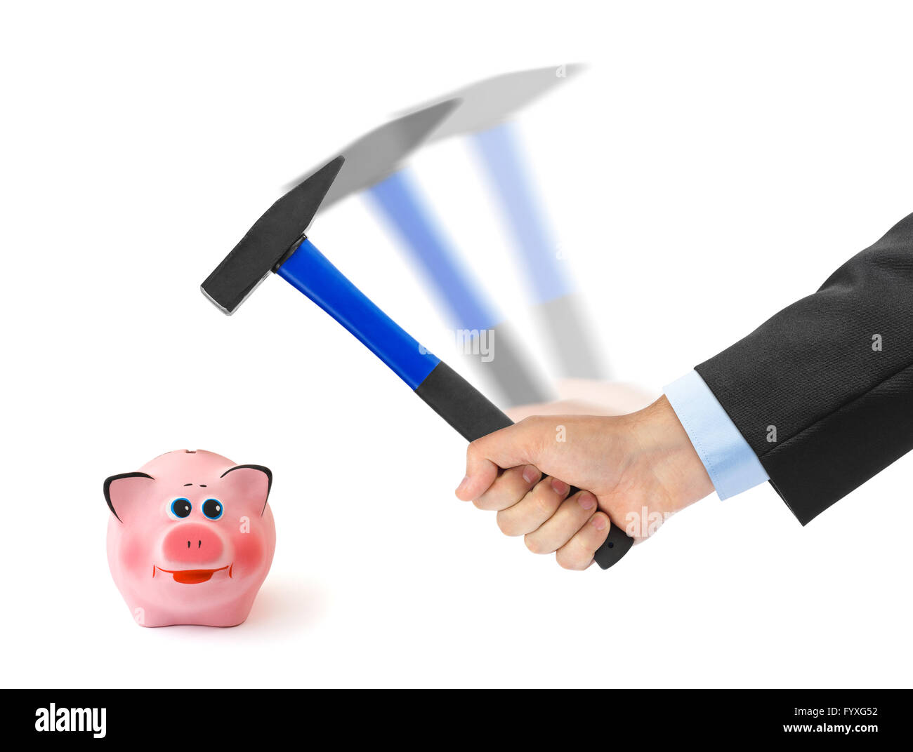 Hand with hammer and piggy bank Stock Photo - Alamy