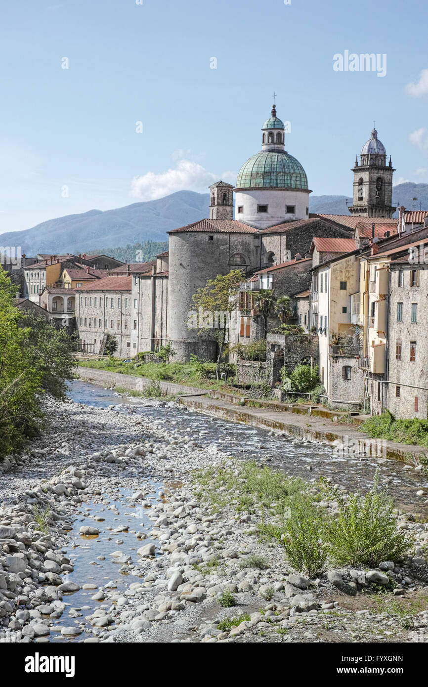 Pontremoli, north Tuscany, Italy. View along river with church. Stock Photo
