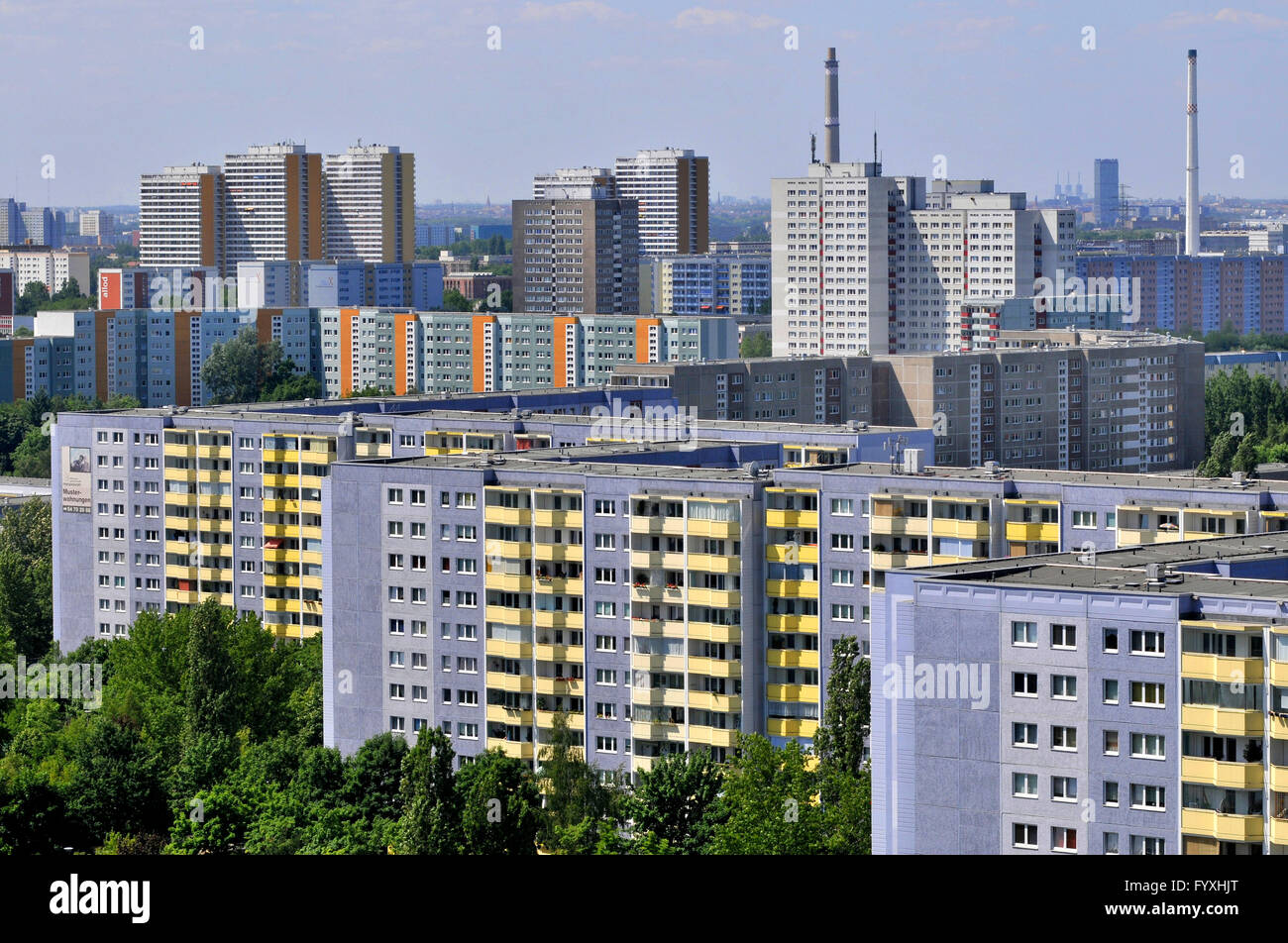 Prefabricated buildings, residential estate, Allee der Kosmonauten, Marzahn, Marzahn-Hellersdorf, Berlin, Germany / plattenbau Stock Photo