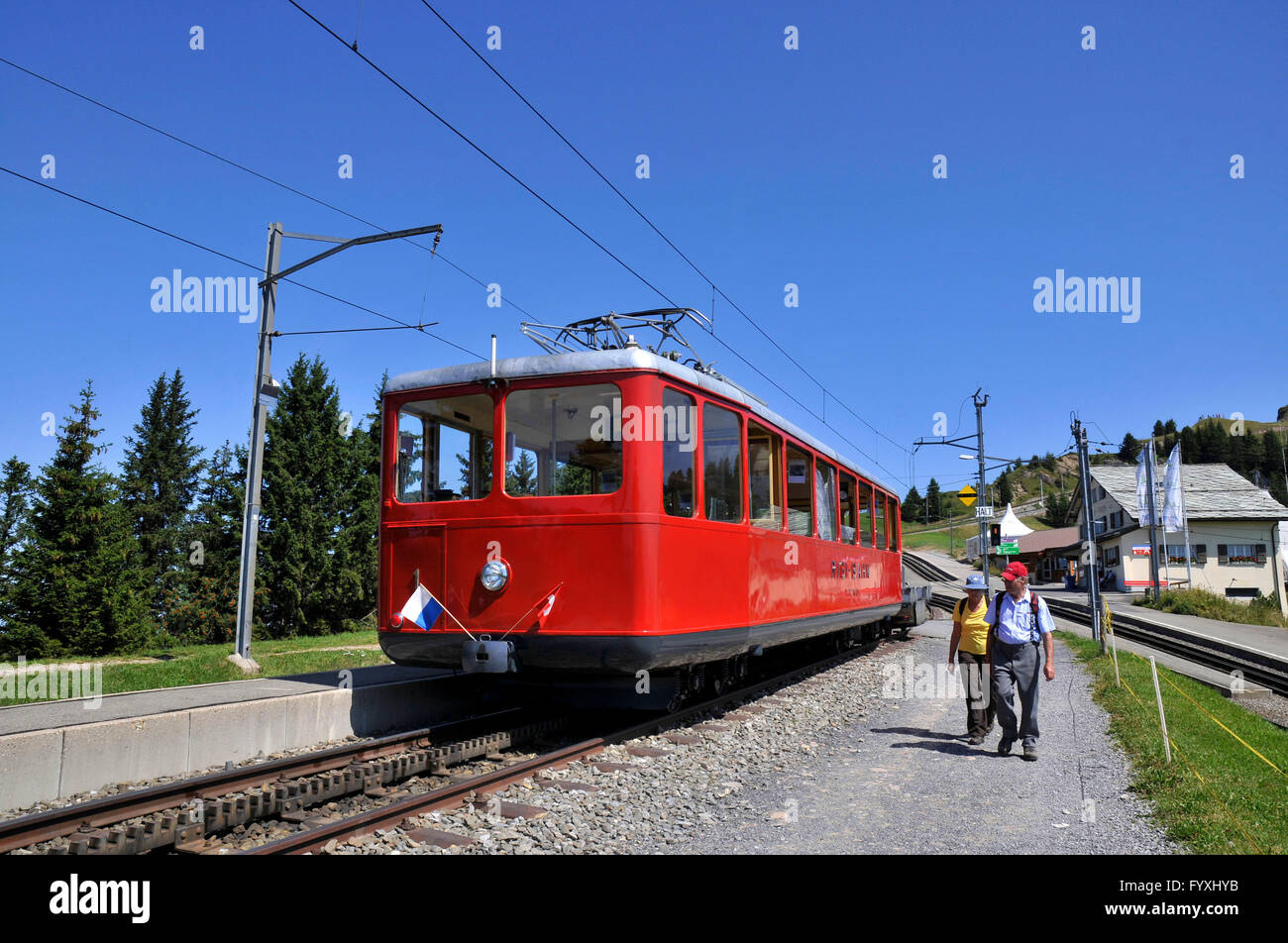 Vitznau Rigi Railway, rack-and-pinion railway, rack railway, train station Rigi-Kulm, Rigi, Canton of Schwyz, Switzerland Stock Photo