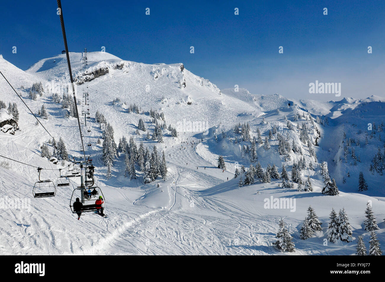 Ski slope Abricotine, Portes du Soleil, France / chairlift Stock Photo
