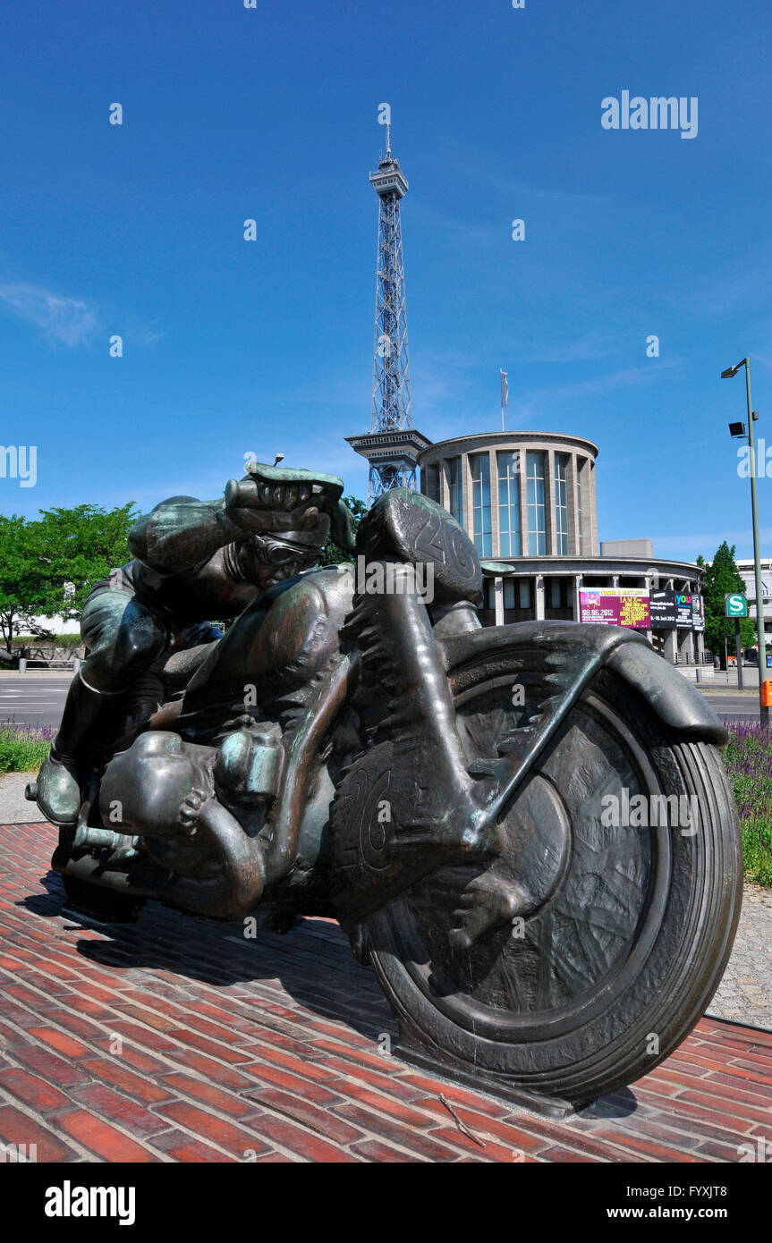 Sculpture motorbikes, AVUS Nordkurve, Charlottenburg, Berlin, Germany Stock Photo