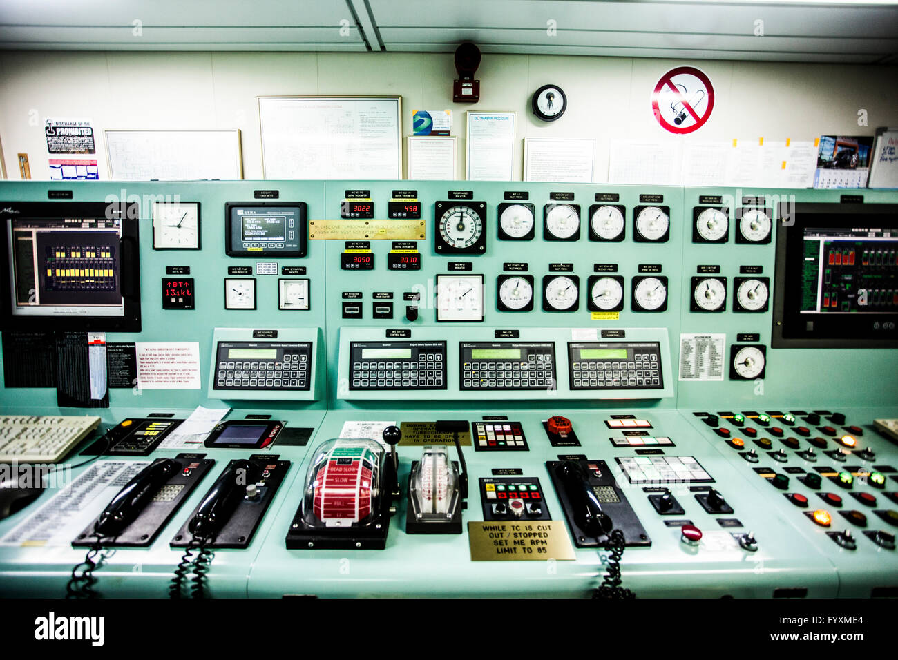 Control systems for the engine room on board a container ship. Stock Photo