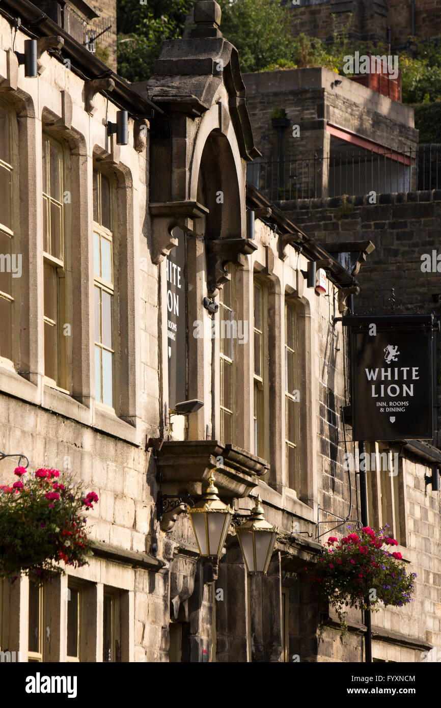 UK, England, Yorkshire, Calderdale, Hebden Bridge, Town Gate, front of White Lion pub Stock Photo
