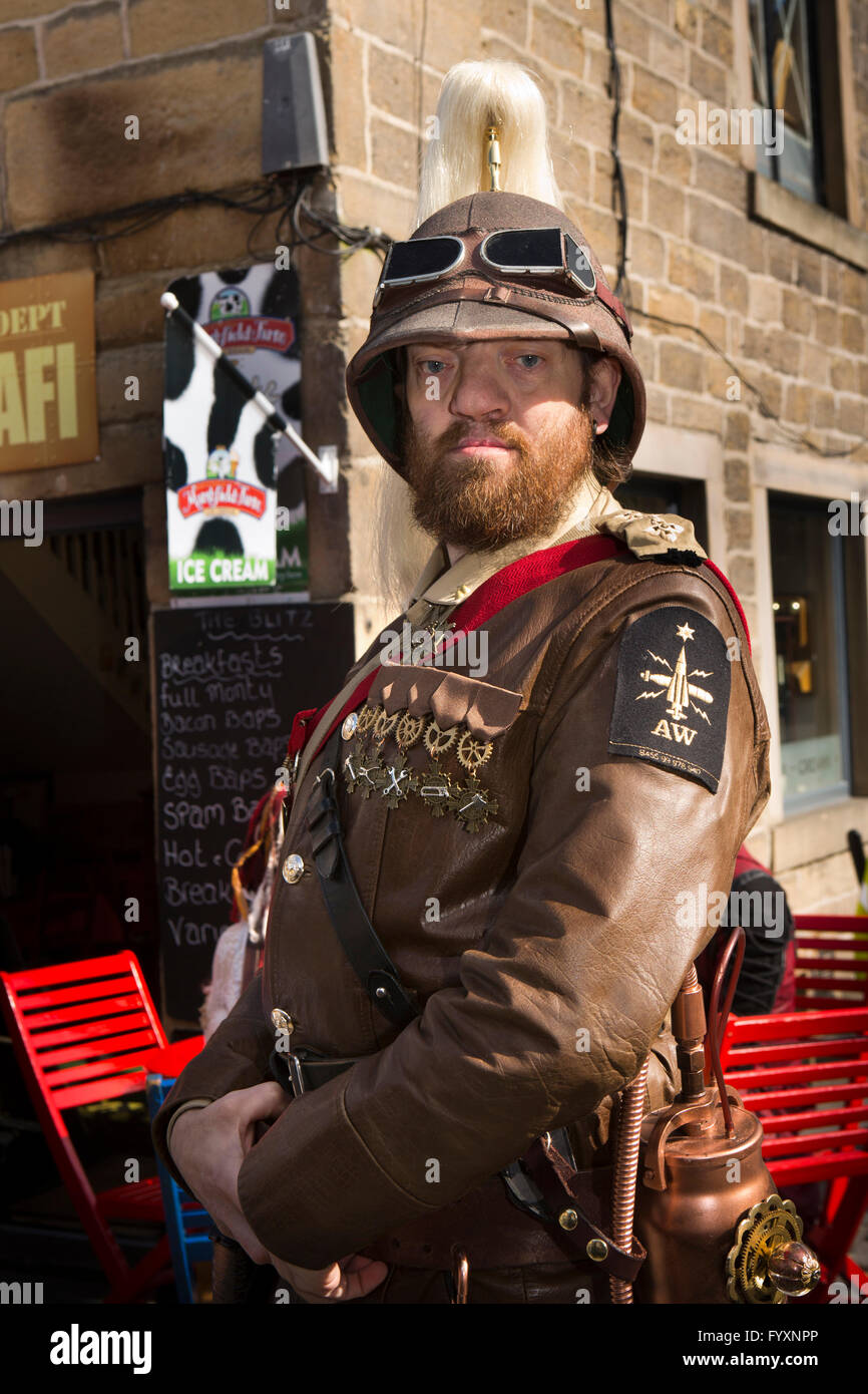 UK, England, Yorkshire, Calderdale, Hebden Bridge, St Georges Square, man in faux military steampunk costume Stock Photo