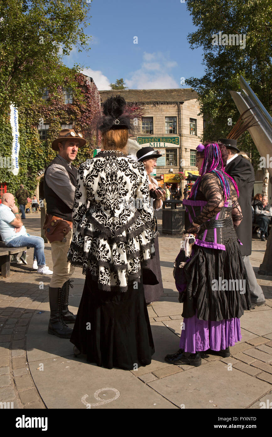 UK, England, Yorkshire, Calderdale, Hebden Bridge, St Georges Square, steampunk weekend visitors in costume Stock Photo