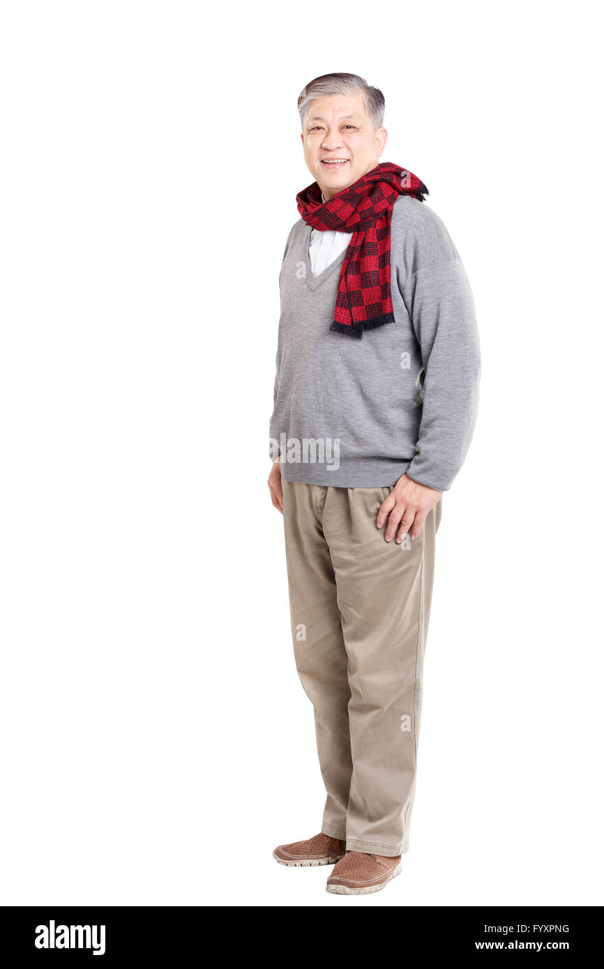 old standing Asian man in grey jumper and scarf Stock Photo