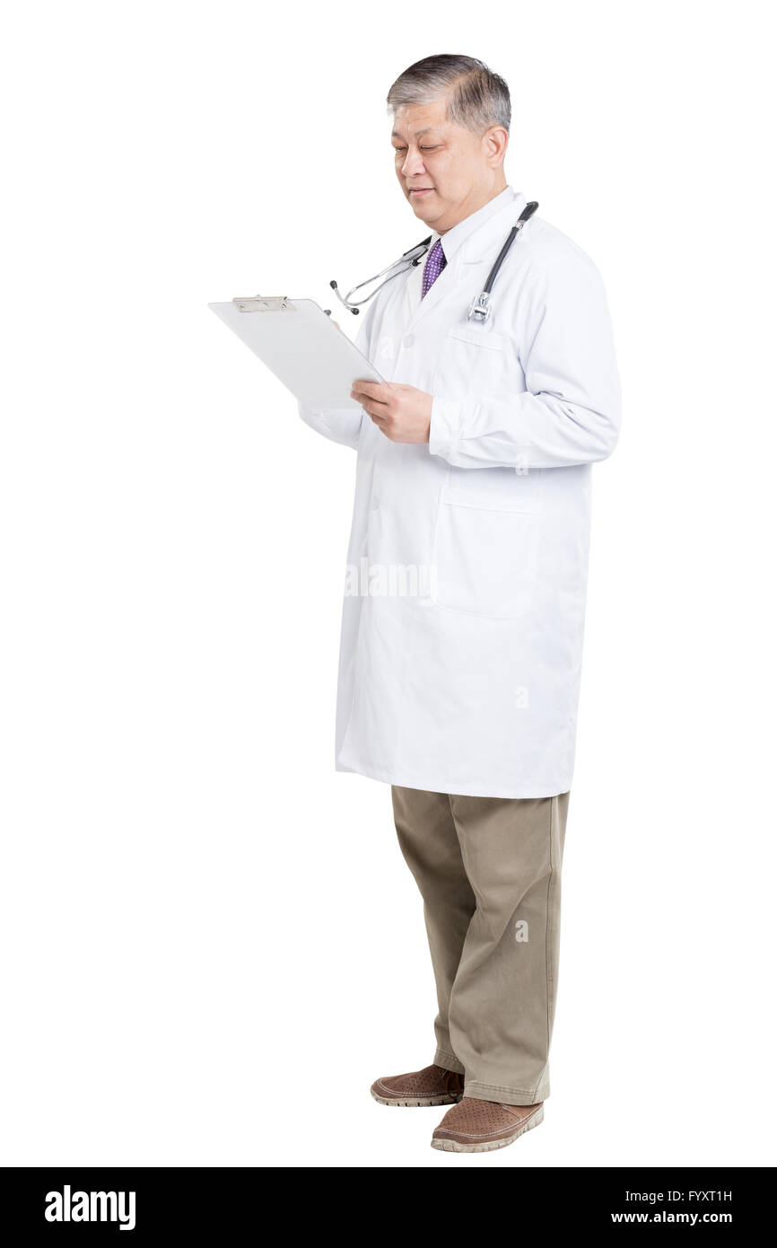 old asian man doctor writing on clipboad Stock Photo