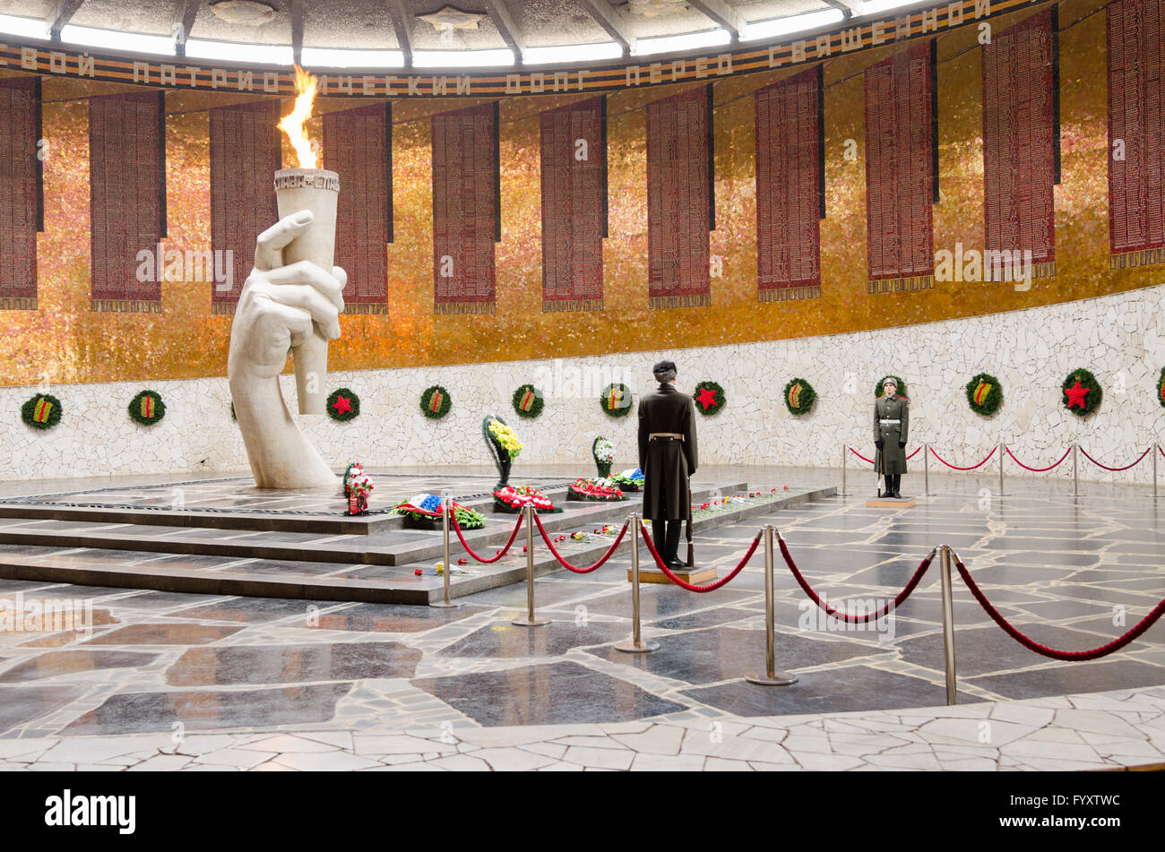 View of the Hall of Military Glory, honor guard and the eternal flame in the historical-memorial complex quot;To Heroes of the B Stock Photo