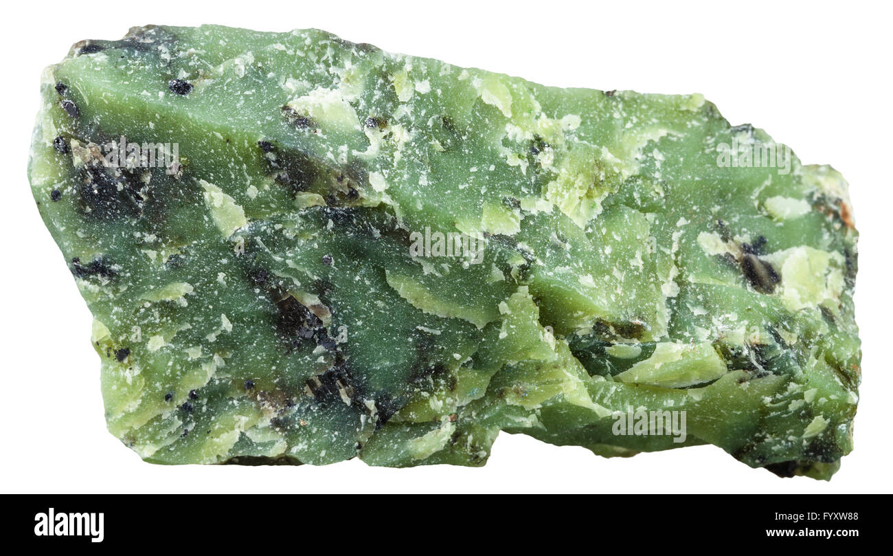 macro shooting of natural mineral stone raw Lizardite (Serpentine) gemstone isolated on white